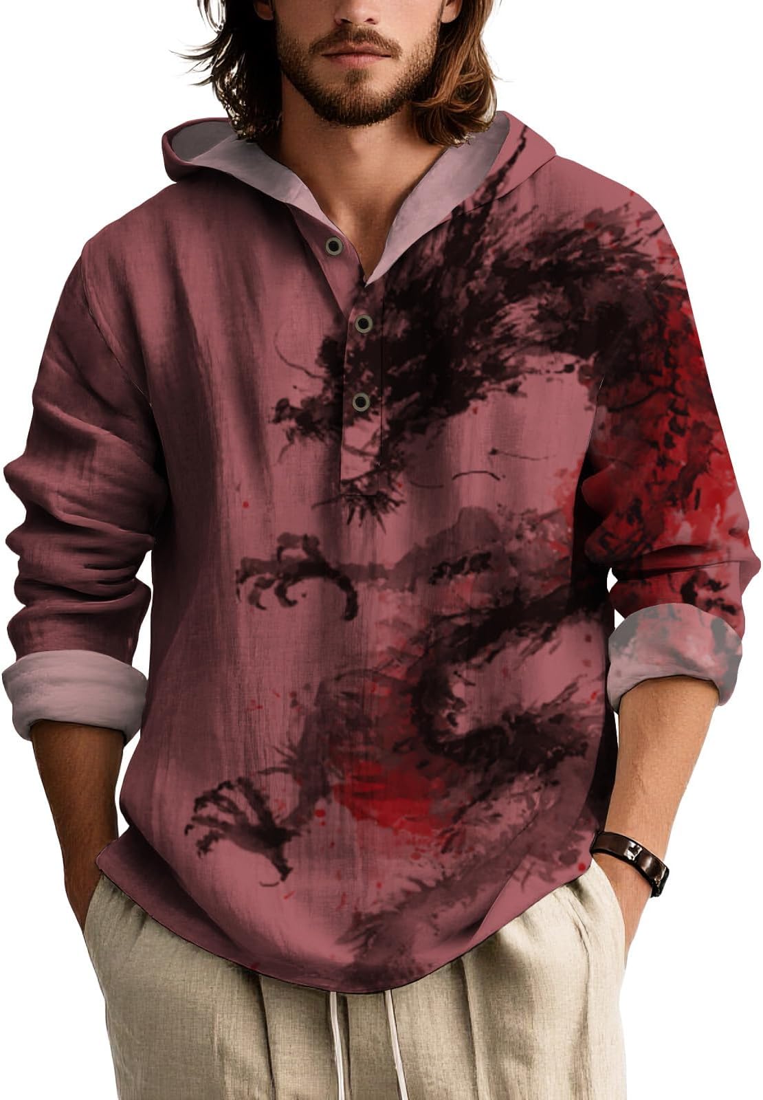 - Men's Long Sleeve Hooded Shirt Dragon Print Loose Fit Cotton Linen Button Up Casual Top for Hawaii Beach Vacation
