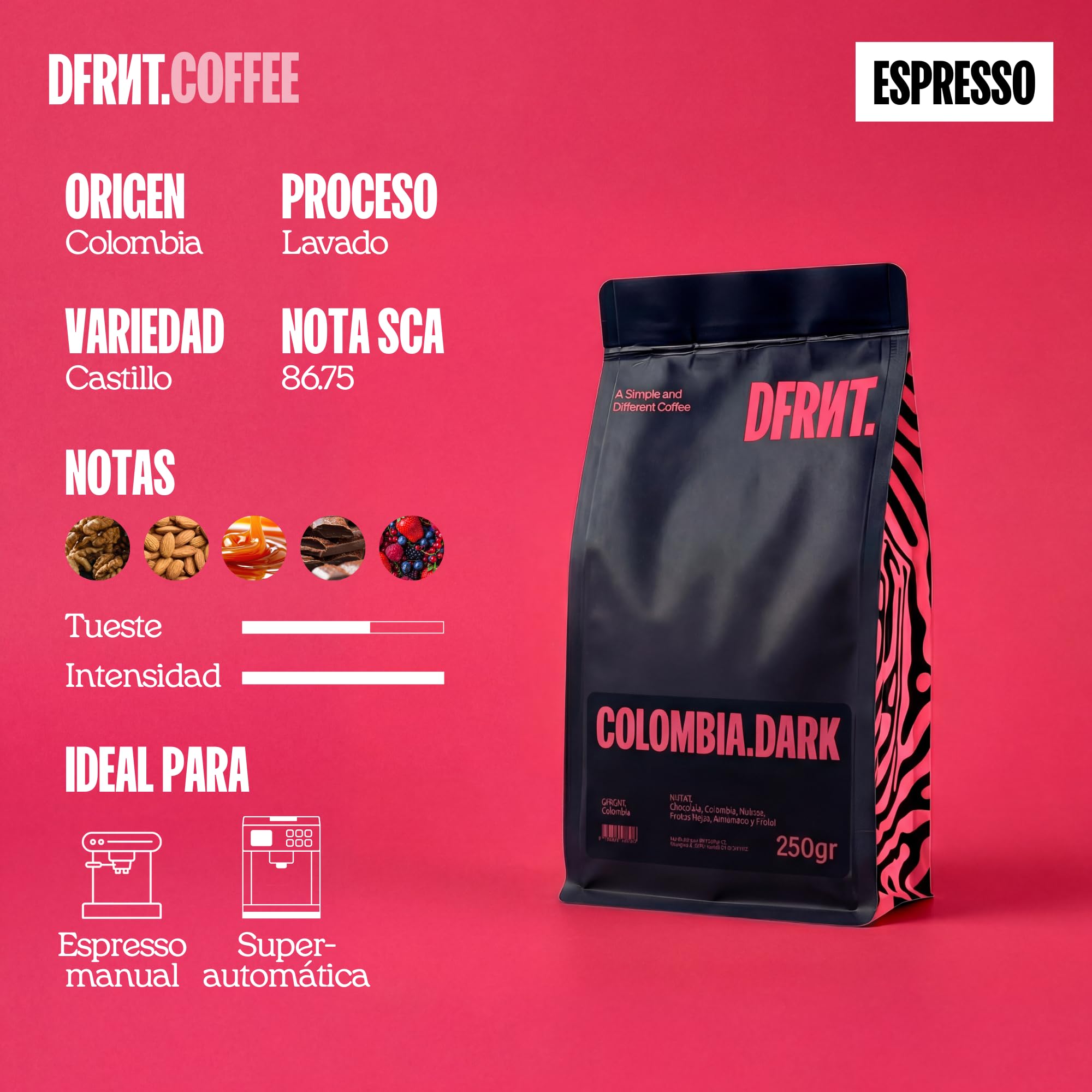 DFRNT. Colombia Espresso 1 kg – Café de Especialidad en Grano (88 Puntos SCA) – Specialty Coffee Beans 100% Arábica – Notas Chocolate y Caramelo – Ideal para Espresso – Tueste Reciente en España