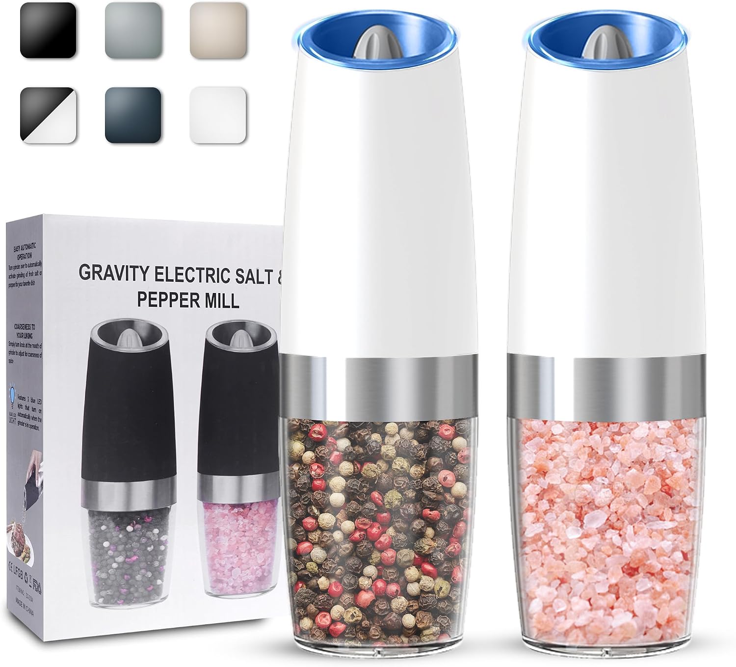 UNNEES Battery Operated Gravity Salt And Pepper Grinder Set, 2 Pcs (White)