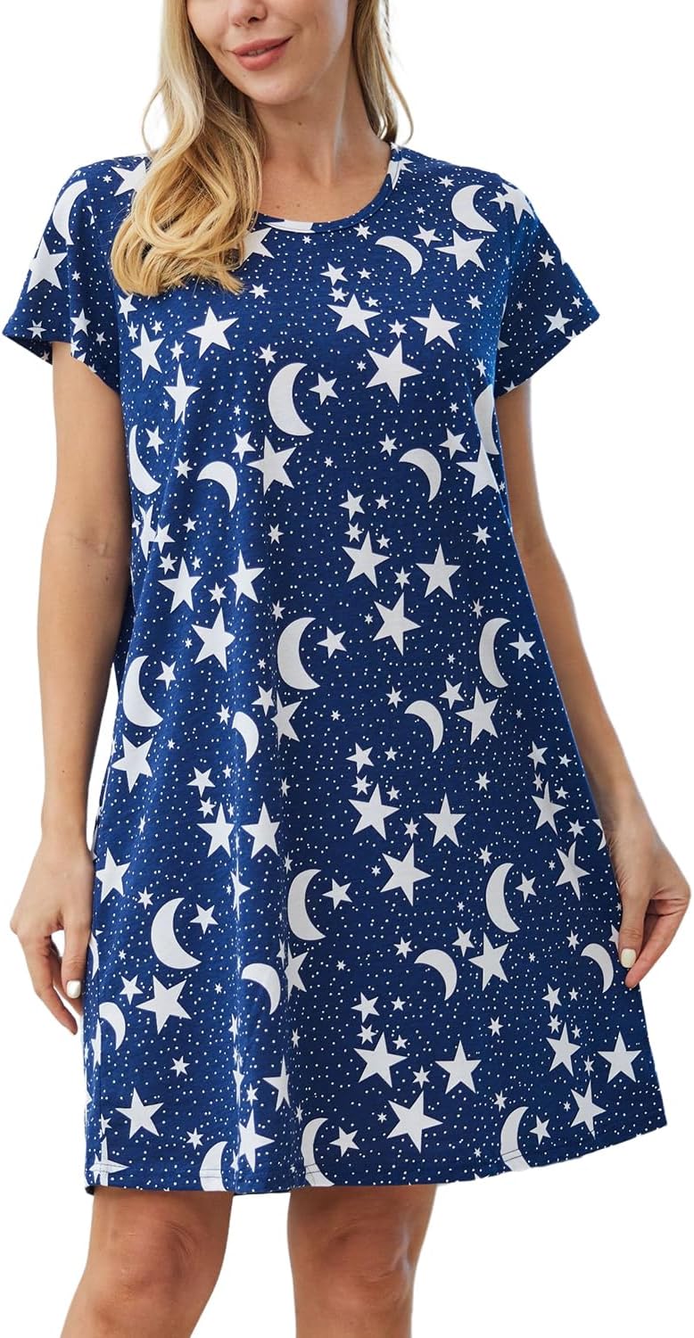 Inadays Women's Cotton Nightgown Sleepwear Short Sleeves Nightshirt Casual Print Sleepdress Loose Comfy Pajama - Image 2
