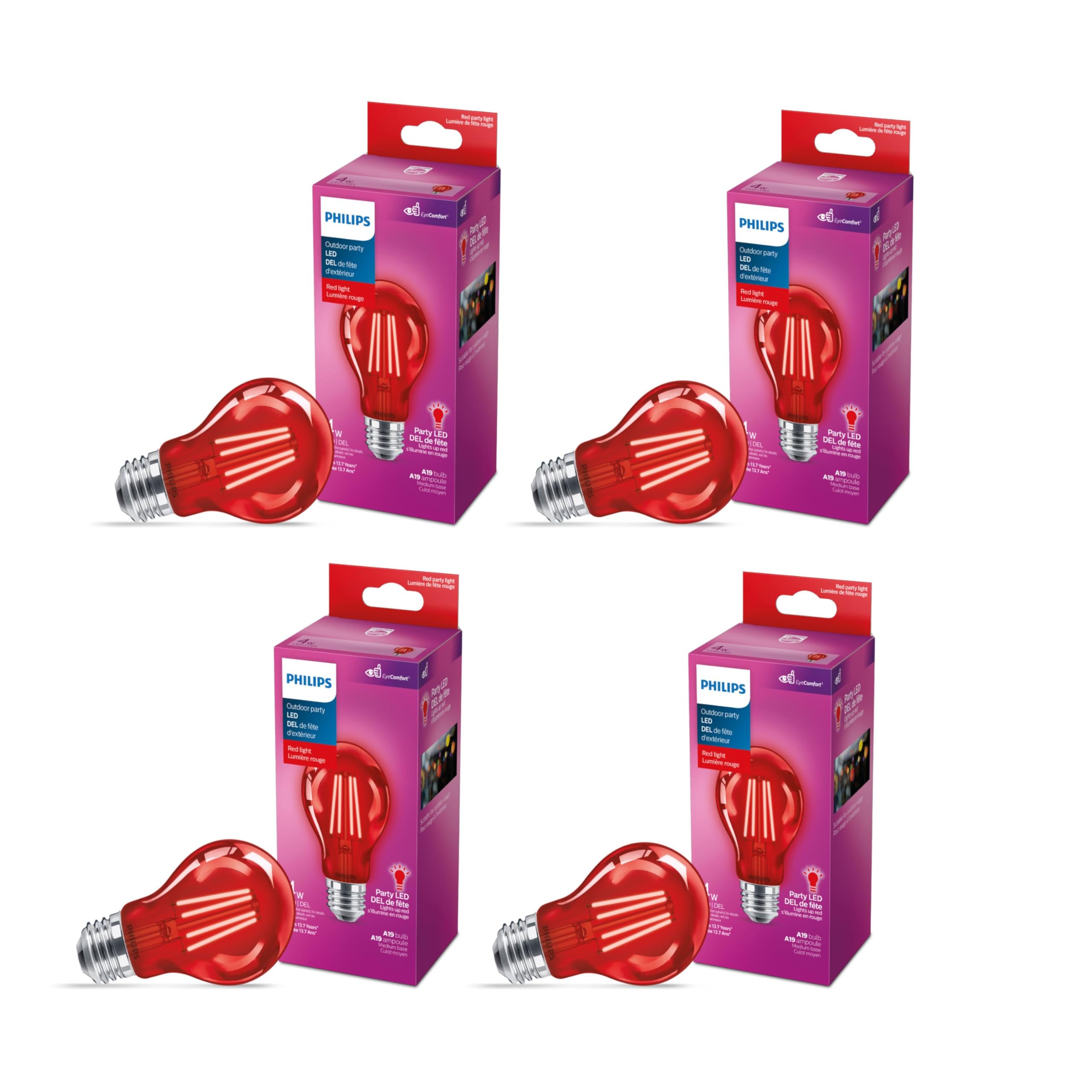 PHILIPS LED 40W A19 4-Pack Red Party Flicker-Free Light Bulbs