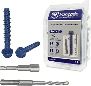 IRONCODE 1/4 x 2 Heavy-Duty Hex Head Concrete Anchors 40PCS Blue Climaseal Kit w/ Drill Bit & Driver - Corrosion-Resistant Masonry Screws