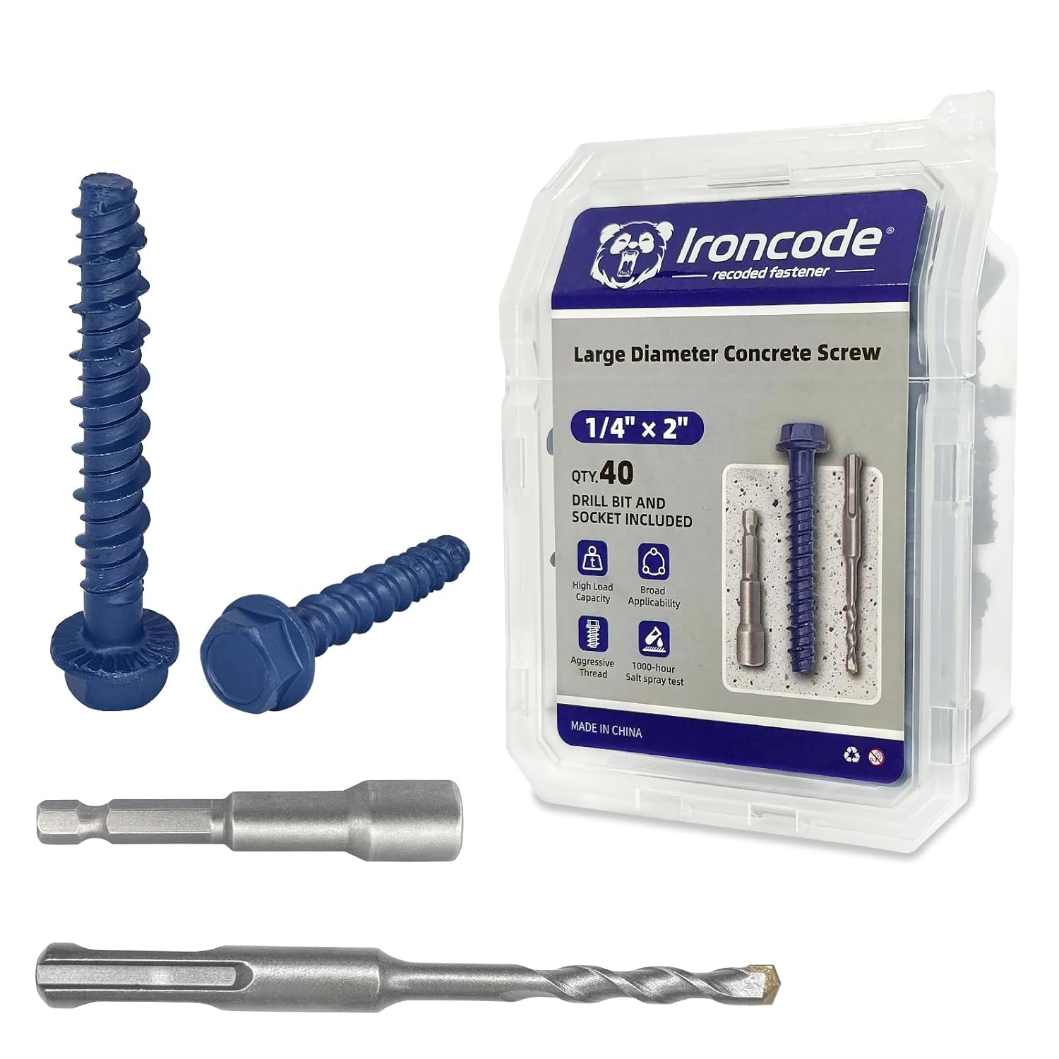 IRONCODE 1/4 x 2 Heavy-Duty Hex Head Concrete Anchors 40PCS Blue Climaseal Kit w/ Drill Bit & Driver - Corrosion-Resistant Masonry Screws