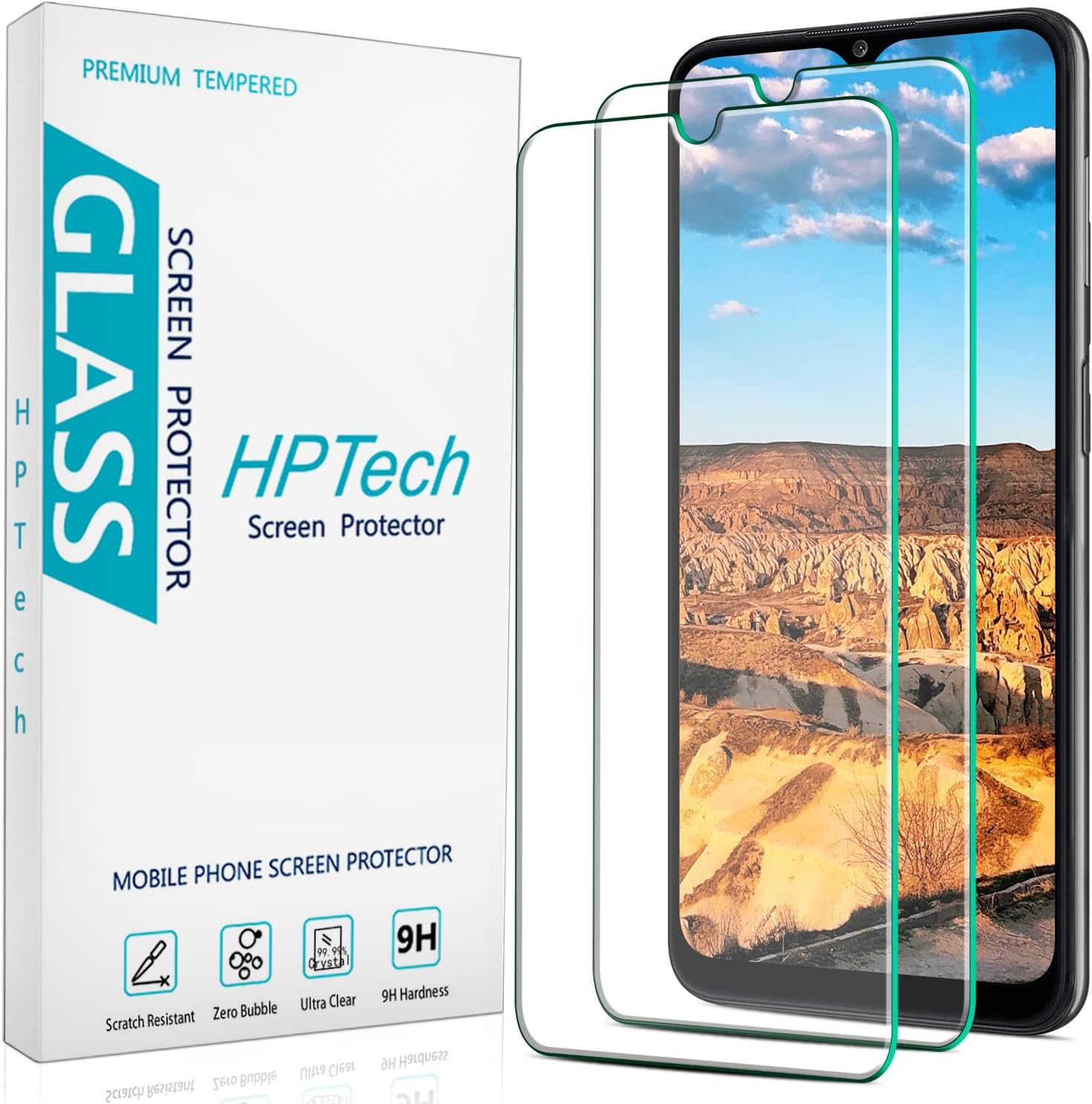 HPTech (2 Pack) Tempered Glass For Samsung Galaxy A32 5G Screen Protector, Easy to Install, Bubble Free, Work with 99% Case Friendly