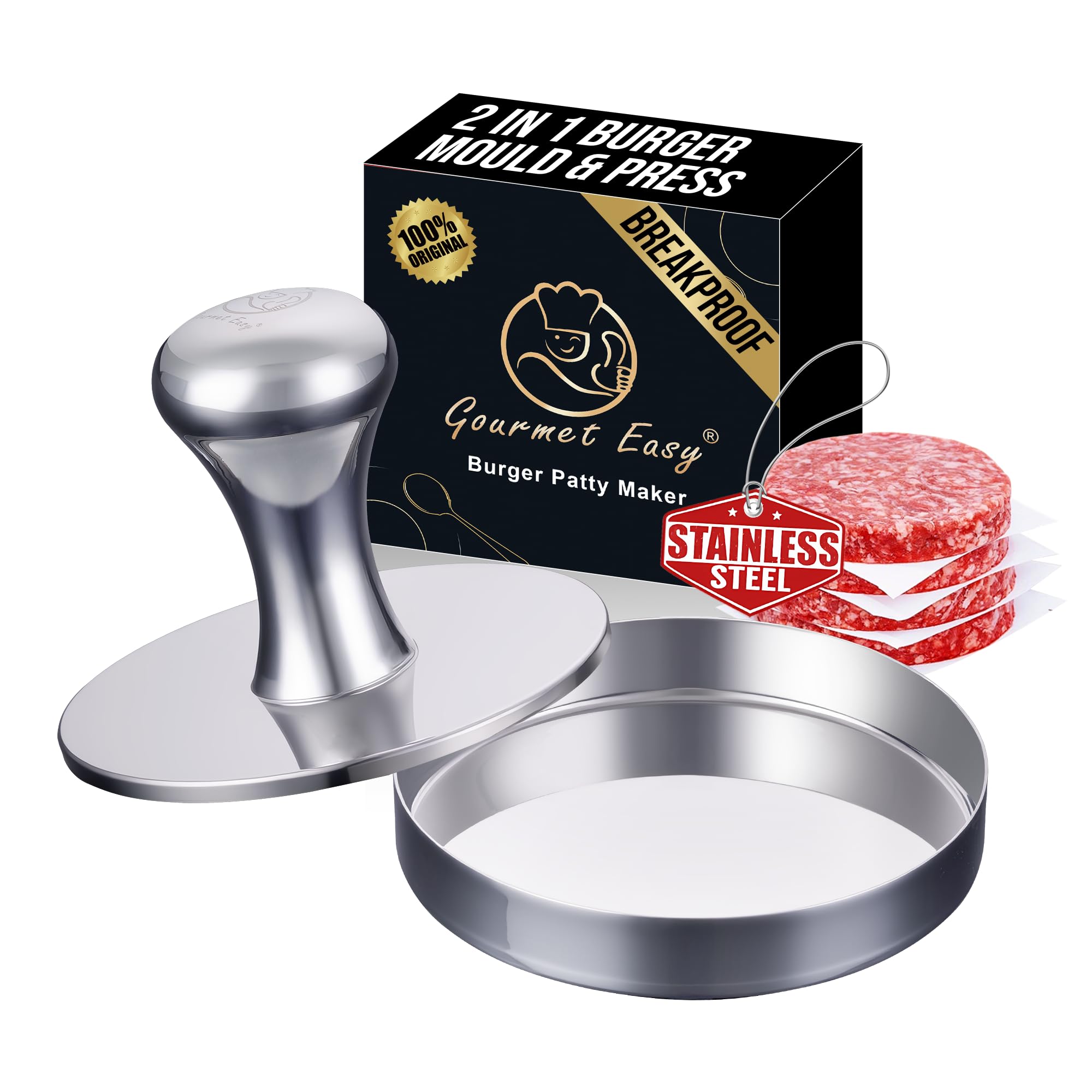 2-in-1 Hamburger Press Patty Maker & Smash Burger Press, Heavy Duty Premium Stainless Steel, Easy-Clean Design, Hamburger Press with Patty Liner, Mirror Polished Burger Mold, Dishwasher Safe