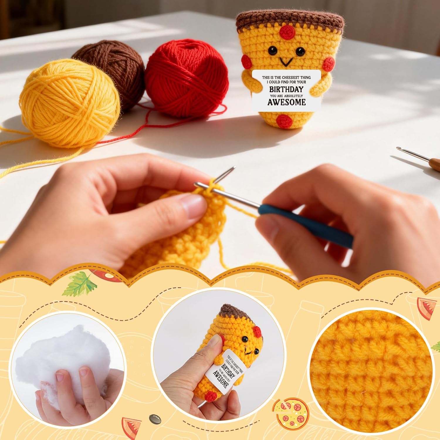 Mini Birthday Gifts for Women Men Friends Sister Girlfriend Teen Boys Girls Mom Dad Funny 21st 25th 30th 40th Happy Birthday Gift for Him Her Emotional Cheer Up Support Handmade Crochet Pizza - Image 2