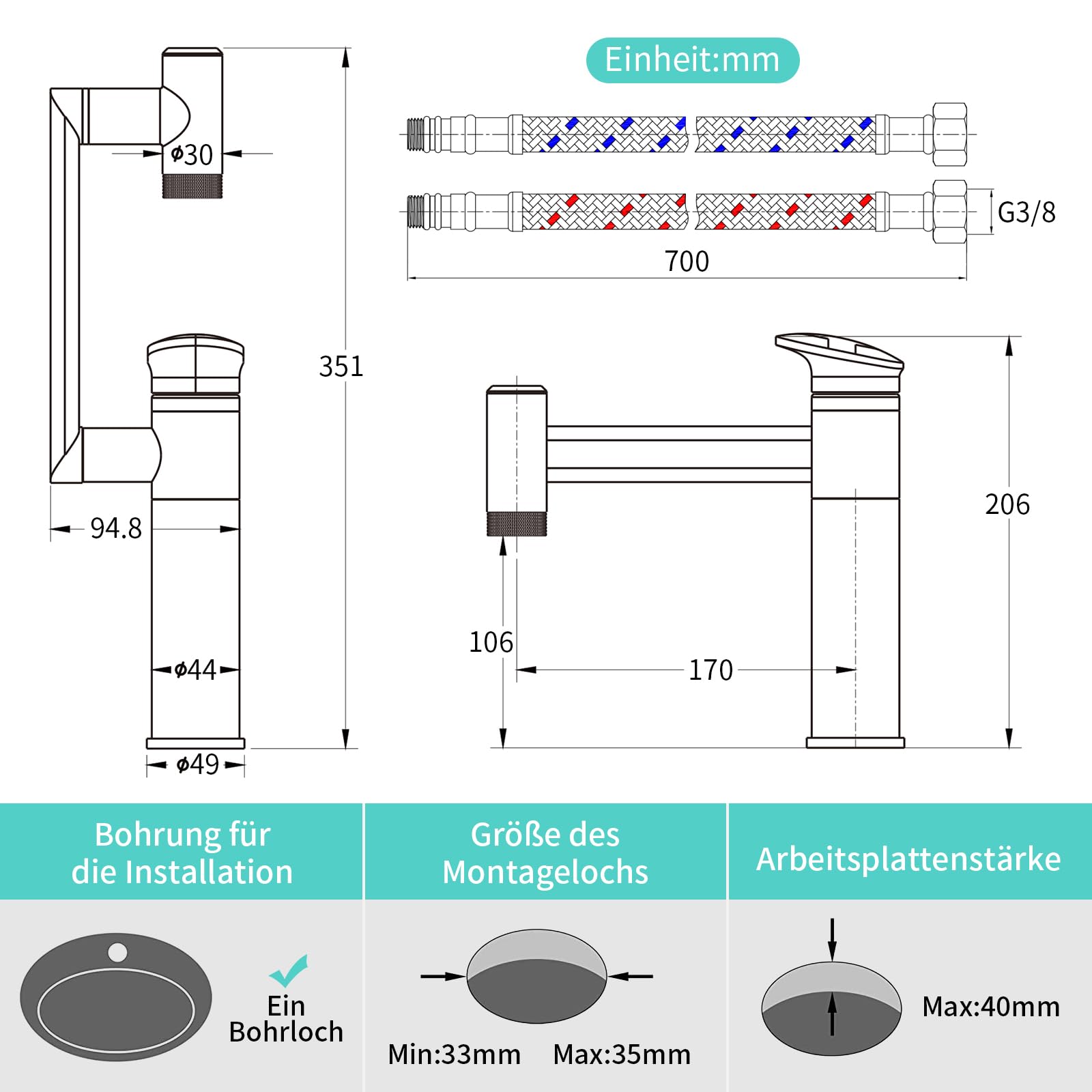 KAIYING Grifo giratorio 1080°, grifos de altura ajustable, indicador de temperatura (batería), lavabo de 1 agujero (negro)