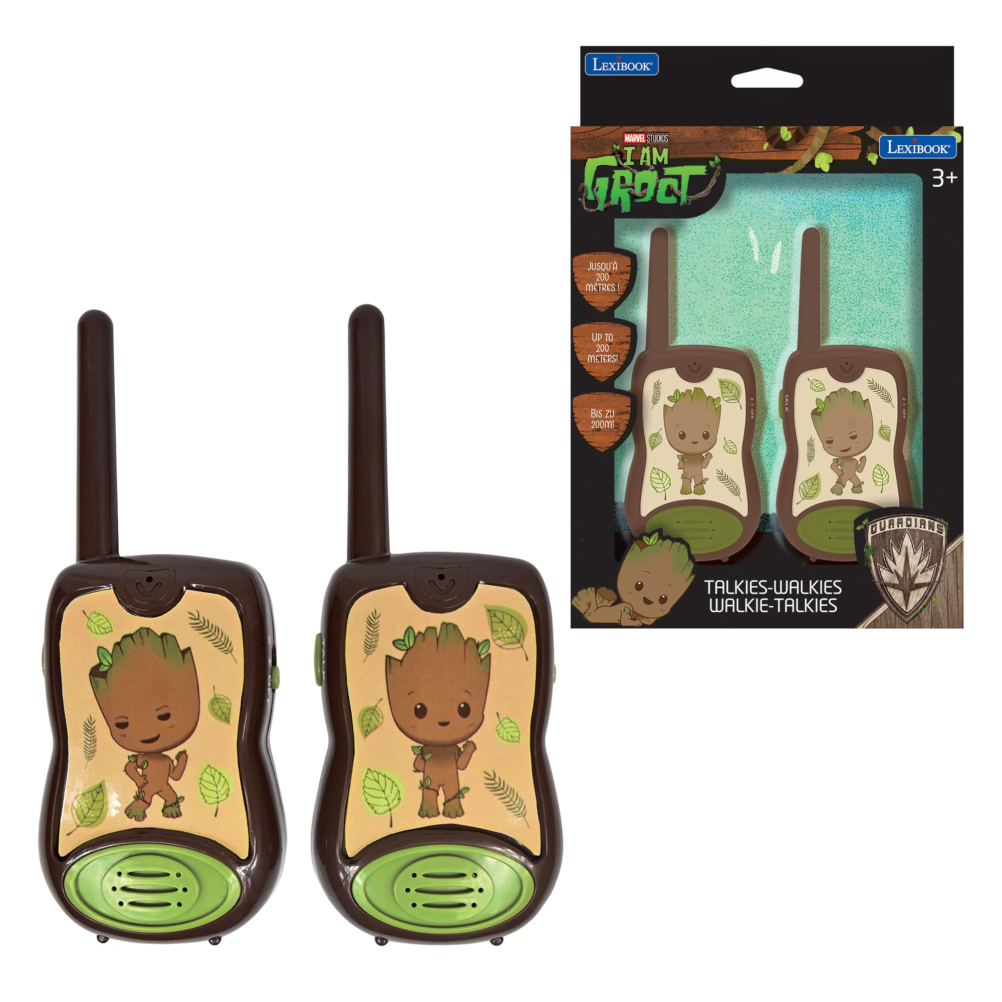 LEXIBOOK, Guardians of the Galaxy, Groot, Walkie-Talkies 200m/650ft, Communication game for children, Belt clip for transport, Battery operated, Brown, TW12GGLXB
