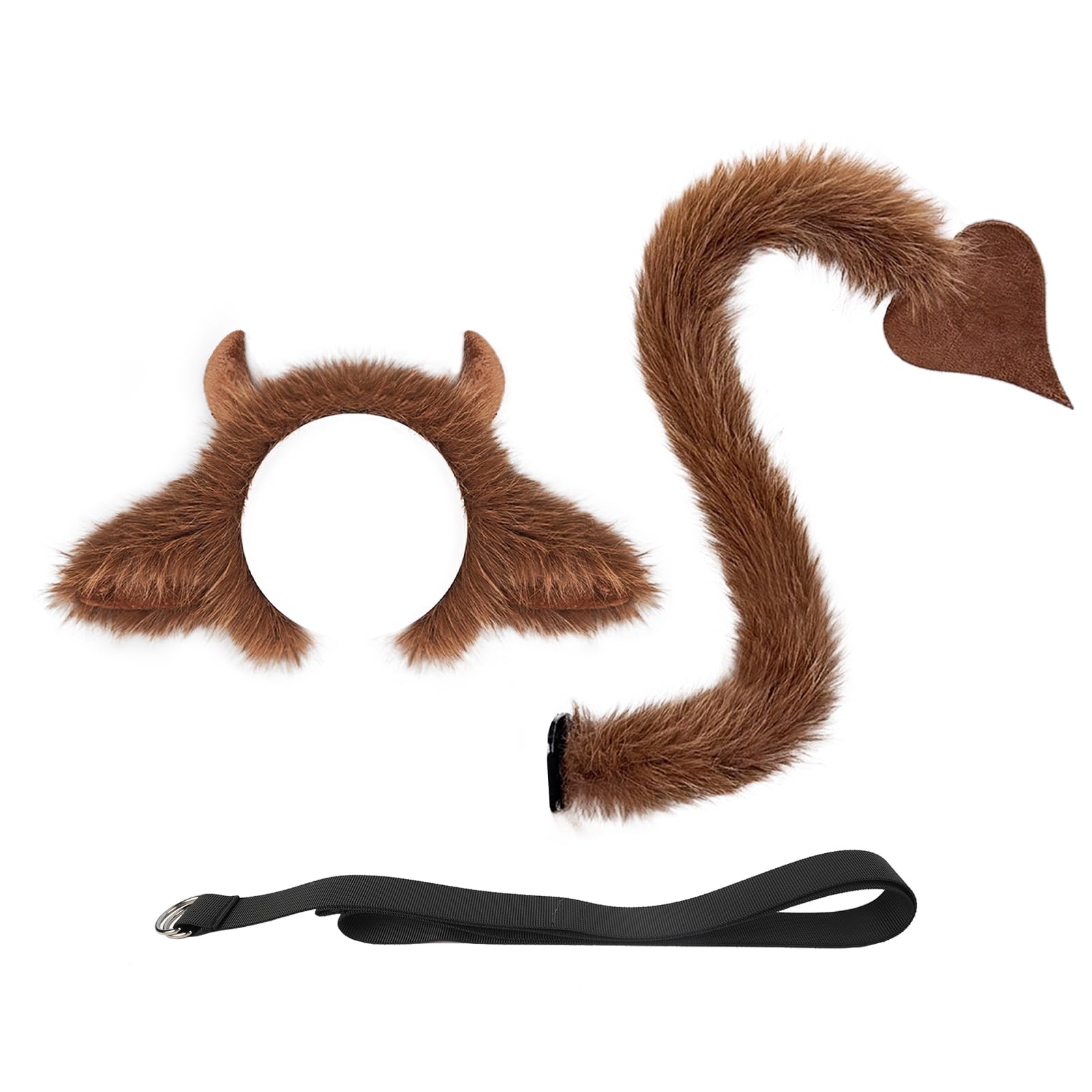 Faux Fur Plush Bull Cow Ears and Tail Set Cute Animal Theme Costume Headwear Devil Horns Headband with Long Tail for Adult Halloween Carnival Cosplay Fancy Dress Party Stage Performance Supplies