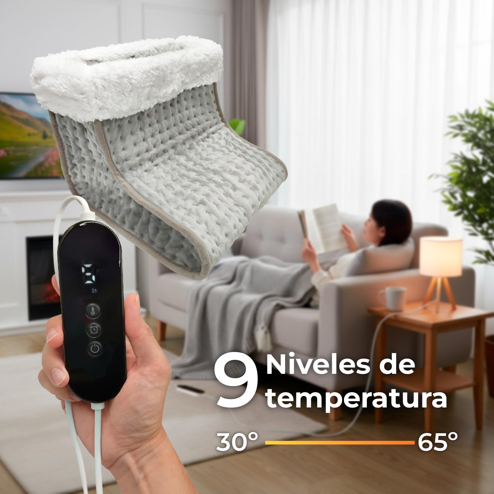 LED ATOMANT Calientapies Electrico 100W, Calentador de Pies 30x30x26cm, 9 Niveles de Temperatura, Proteccion contra Sobrecalentamiento, Tejido Ultrasuave de Poliester, Lavable a Maquina