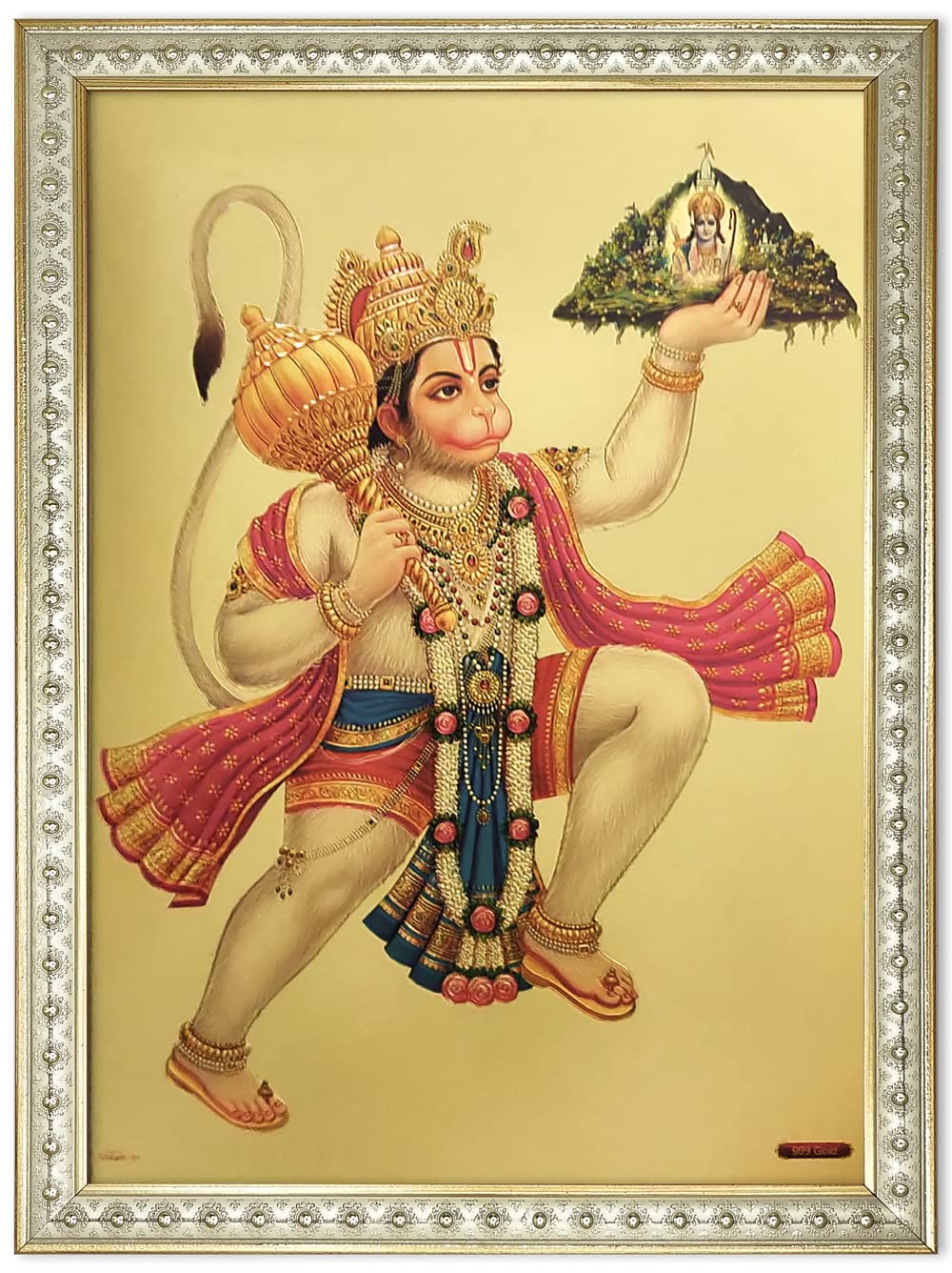 Cadre photo Hanuman Dronagiri Parvat plaqué or multicolore 32 x 23,5 cm pour autel pooja