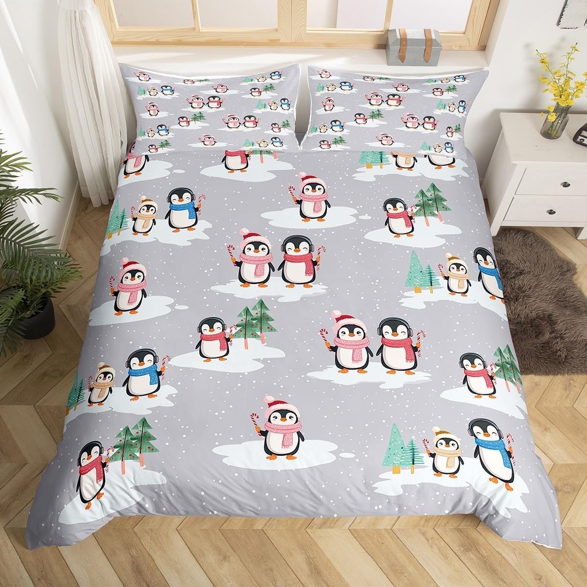 Parure de lit 2 personnes 220x240 microfibre douce housse couette dessin animé pingouin