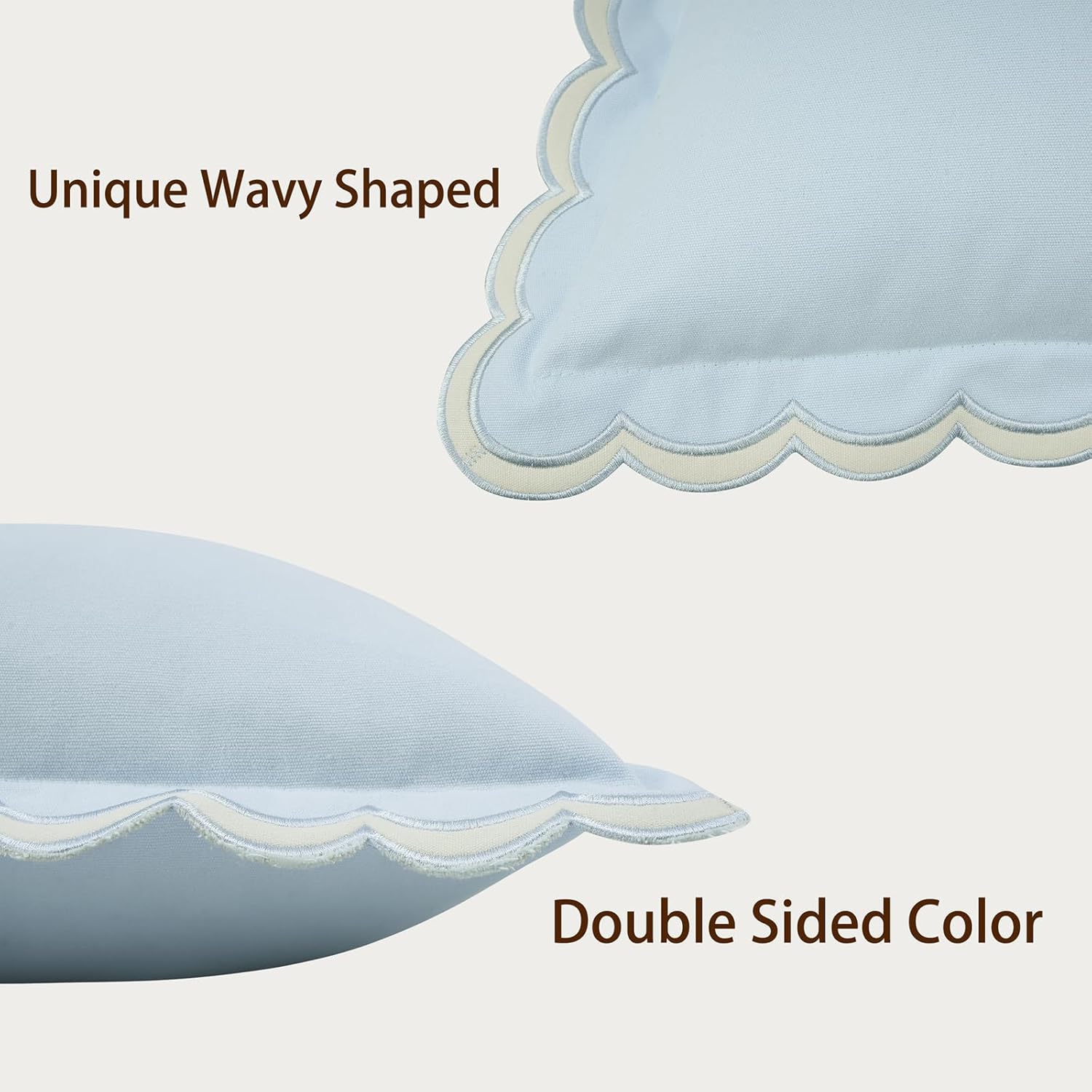 Pyonic Pack of 2 Blue Scalloped Throw Pillow Covers 18x18 inch Soft Cotton Unique Waves Edge Shaped Pillow Covers,Decorative Boho Throw Pillows for Sofa Living Room Bedroom
