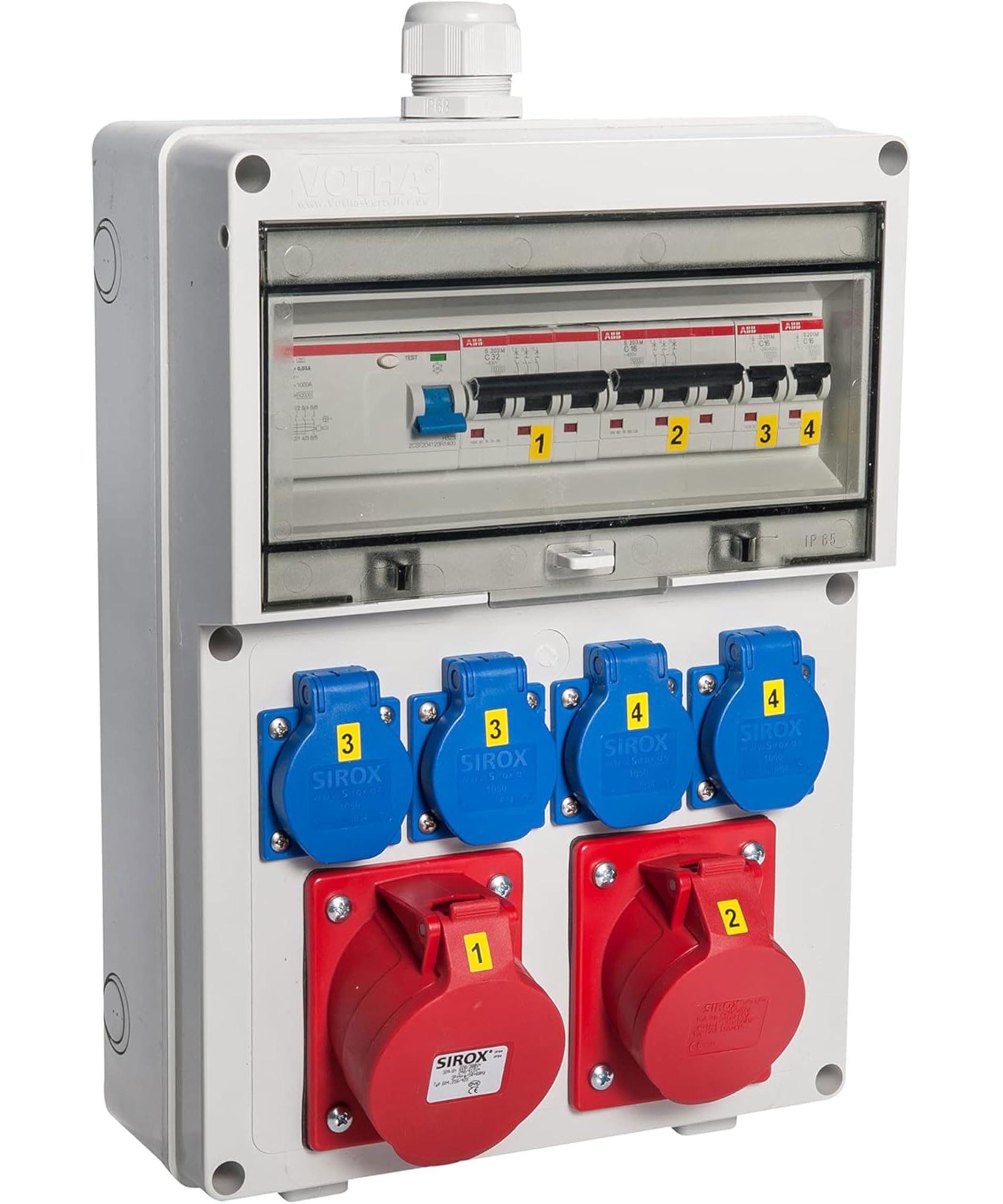 JÄGER VOTHA Wandverteiler Würzburg, Steckdosenkombination zur Wandmontage, fertig verdrahtet, CEE 32A & 16A, 4x 230V Steckdose, FI & LS Schalter, IP54, abschließbare Makrolonabdeckung
