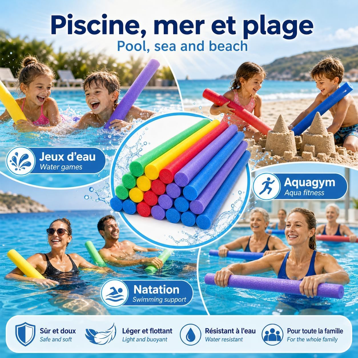 Lot 50 Frites de Piscine Mousse Flottantes 160 cm x 6,5 cm - Multicolores Souples et Resistantes - Accessoires Jeux Eau Piscine Mer Plage Aquagym Natation Enfants Adultes - Fun Noodle - Nouille -