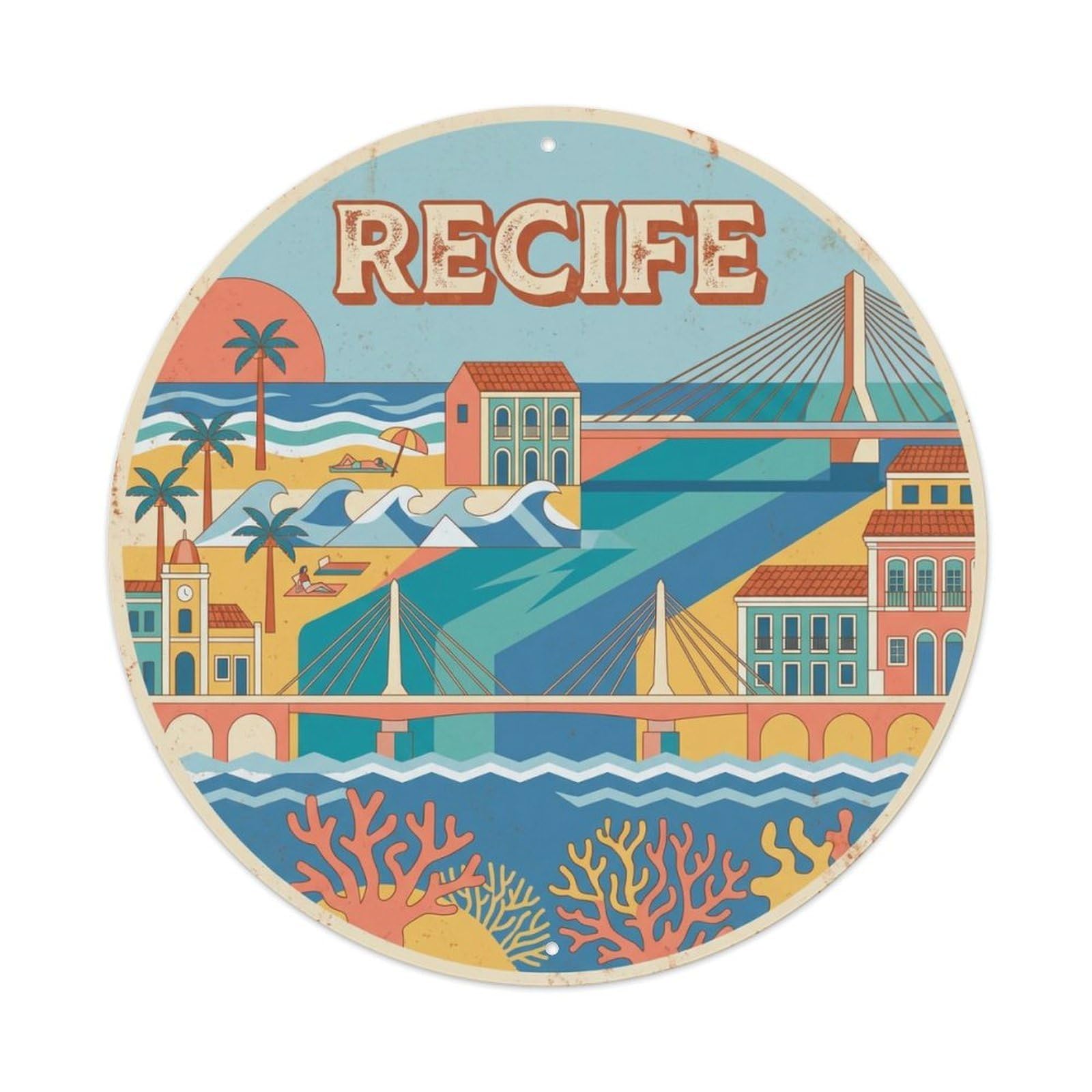Retro Brazil Travel Recife Vintage Metal Tin Sign Plaque Wall Decor for Cafe, Club Bar, Office, Garden Metal Poster 8x8Inch