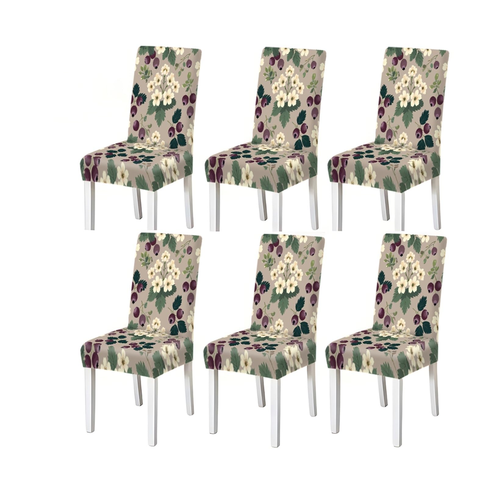 BOSUYBN Taupe Purple Berry White Flower Print Dining Chair Covers, Stretch Slipcovers For Home Kitchen Dining Room Party, 2/4/6PCS Furniture Protectors for Home Dining Room(6PCSChair cover)