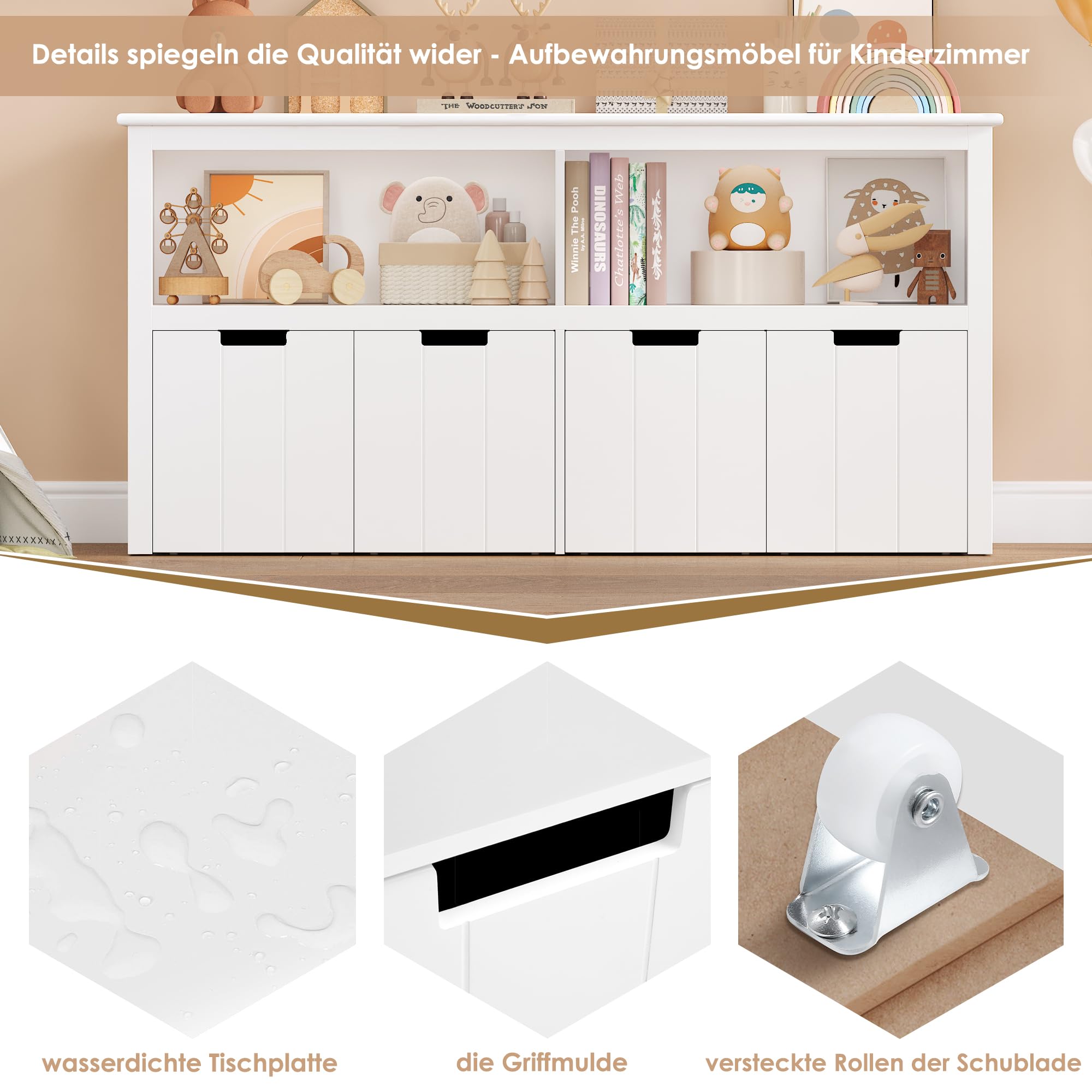FOREHILL Kinderregal mit Boxen auf Rollen, Spielzeug Aufbewahrung Kinderzimmer Möbel, Spielzeugregal, Kinderschrank, Regal weiß mit 4 Boxen, Aufbewahrungsbox für Kinder 120 x 61,5 x 33cm weiß