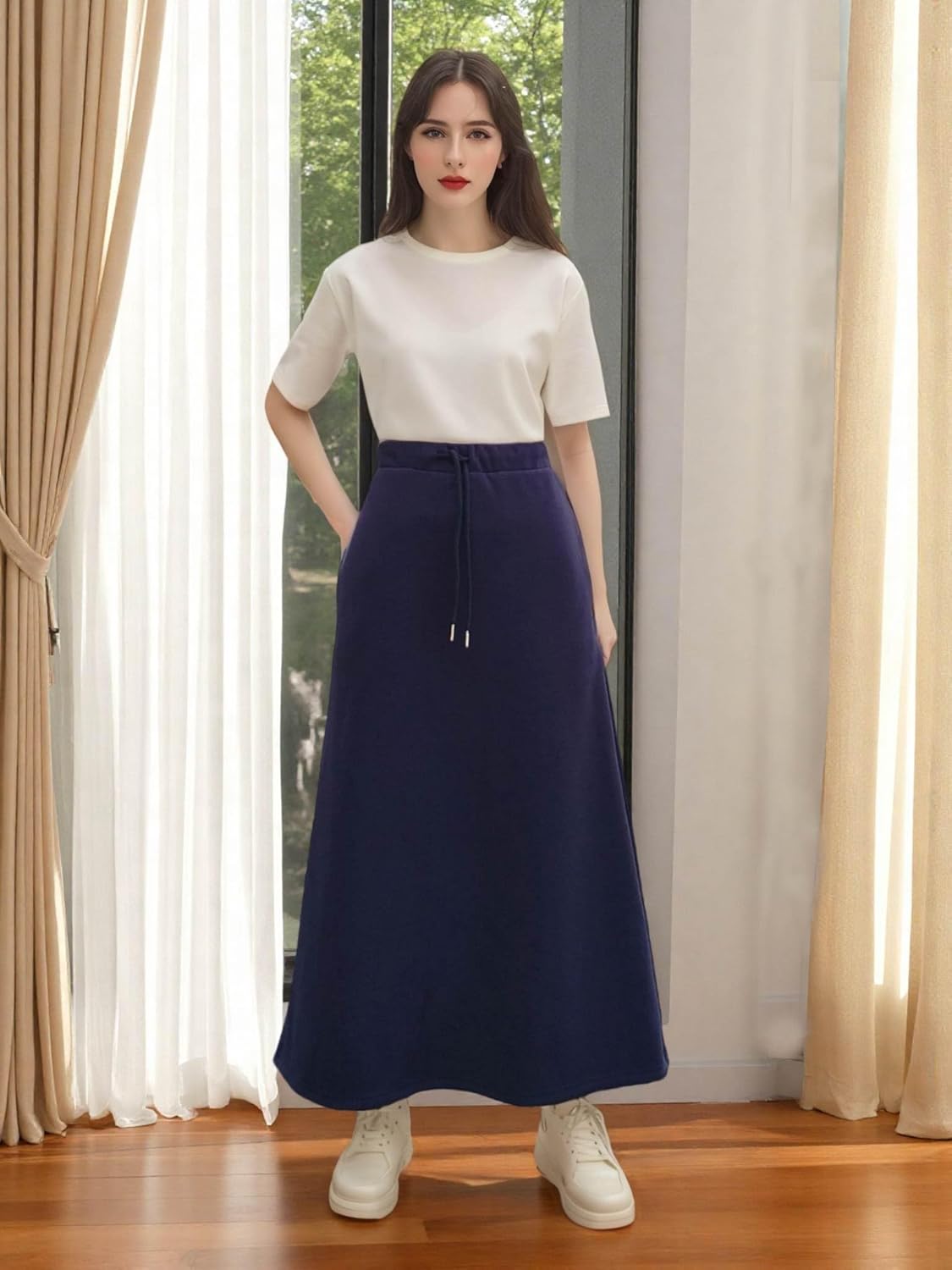 Women Fleece Lined Skirt Long Warm Fall Winter Skirts with Pockets and Drawstring,Elastic High Waisted A-Line Skirt - Image 3