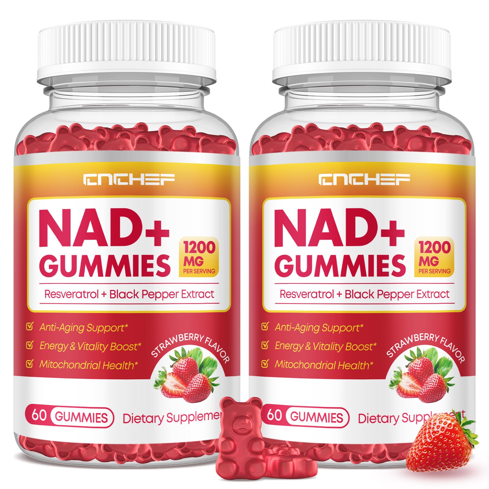 NAD+ Gummies, 1200mg Liposomal NAD Supplement for Women & Men with Trans-Resveratrol & Black Pepper Extract Anti-Aging Supplement, Brain & Cellular Mitochondrial Health - 120 Gummies Strawberry Strawberry 60 Count (Pack of 2)