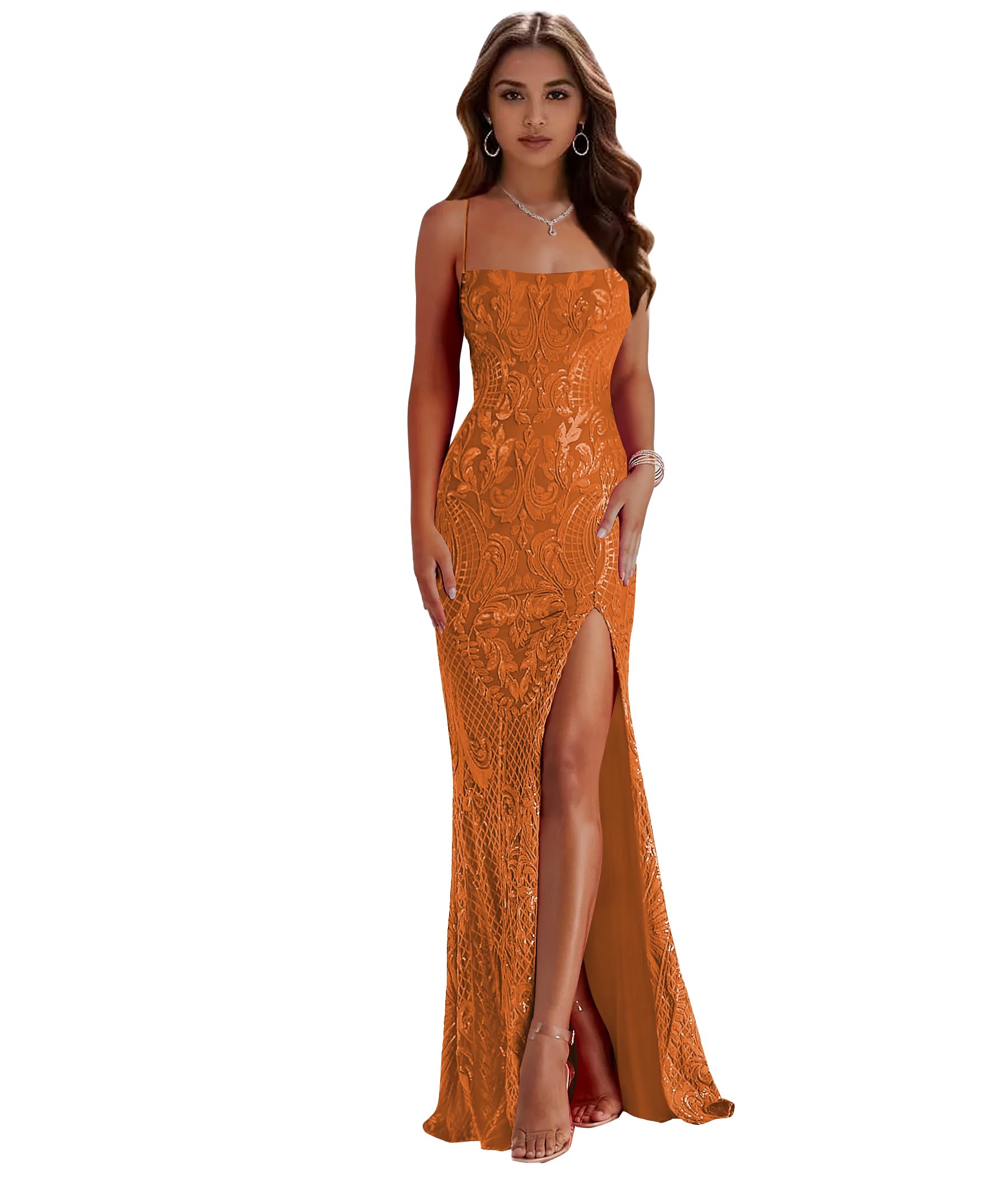 Women's Mermaid Sequin Prom Dresses with Slit Sparkly Spaghetti Straps Long Evening Dress Corset Formal Gown