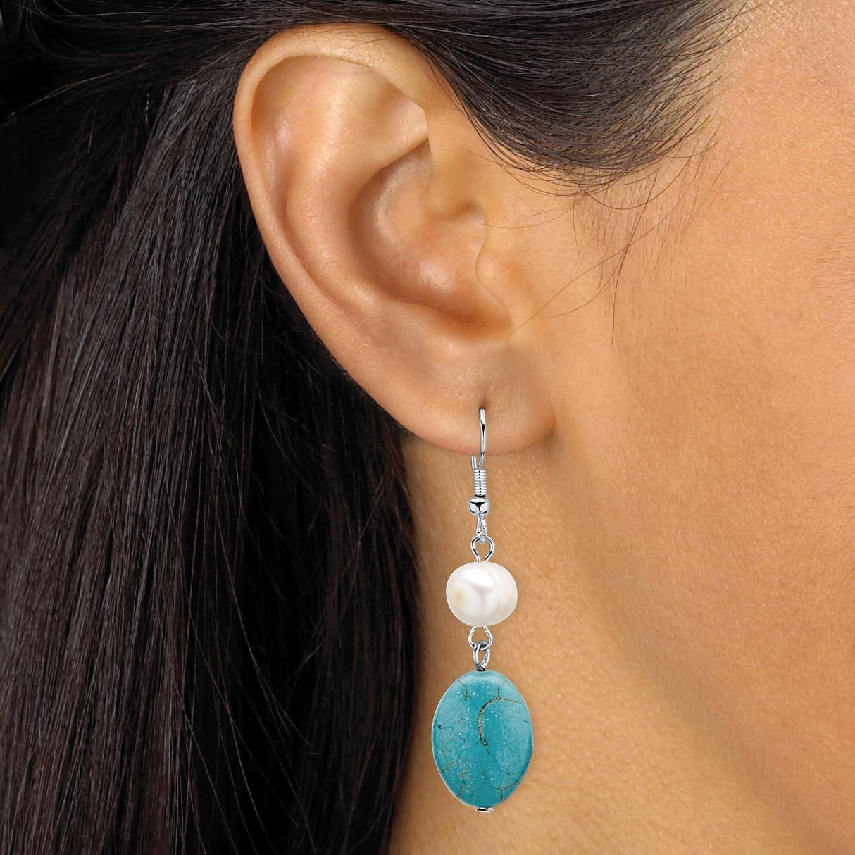 PalmBeach Silvertone Cultured Freshwater Pearl and Genuine Green Turquoise Necklace and Earring Set, 17 inches plus extension