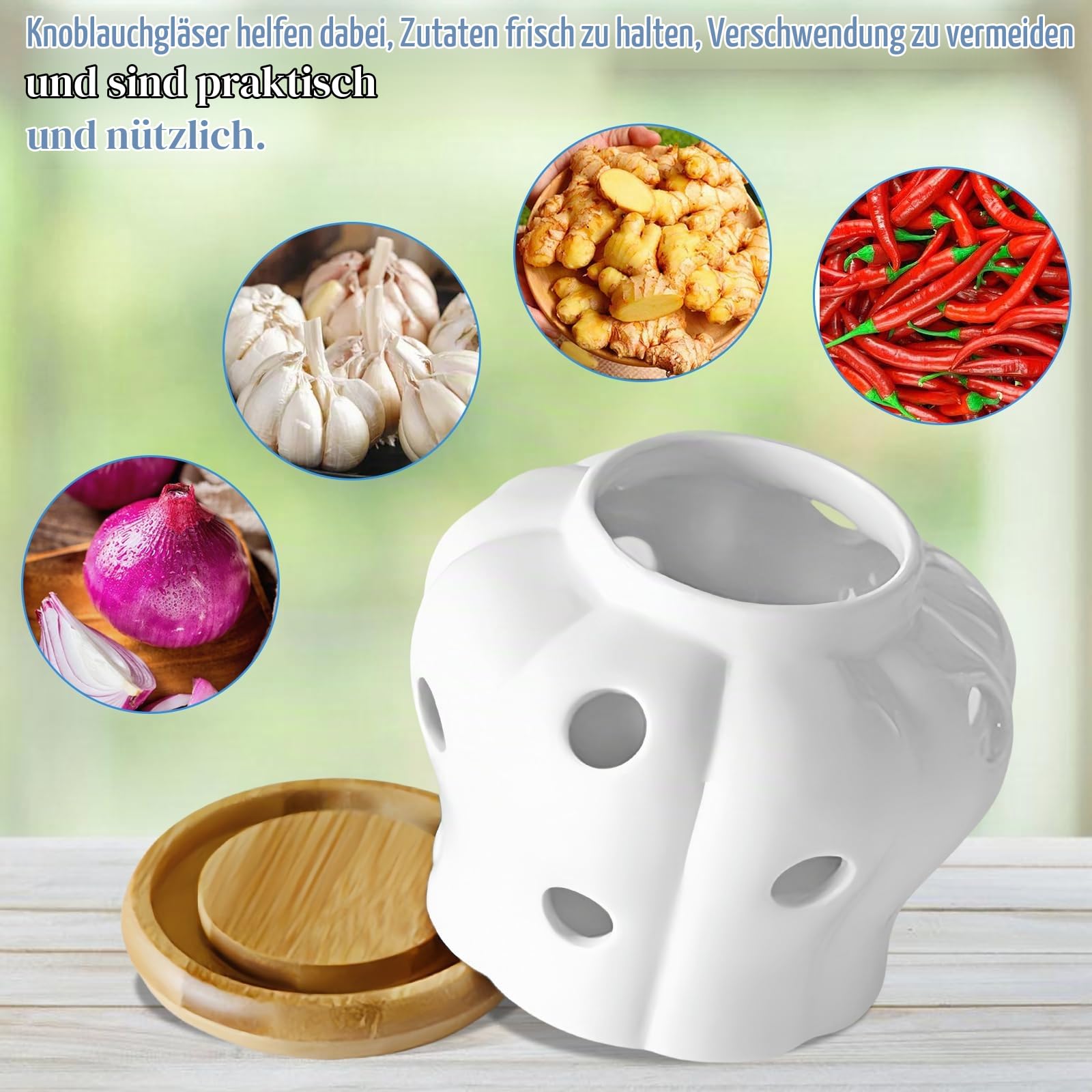 Knoblauch Aufbewahrung Vorratsgläser: Knoblauchtopf aus Keramik mit Bambus Deckel und Belüftungslöchern, Atmungsaktiv Zwiebel Aufbewahrung Knoblauch Behälter, für Paprika Zwiebel Knoblauch Ingwer Küche, Haushalt & Wohnen