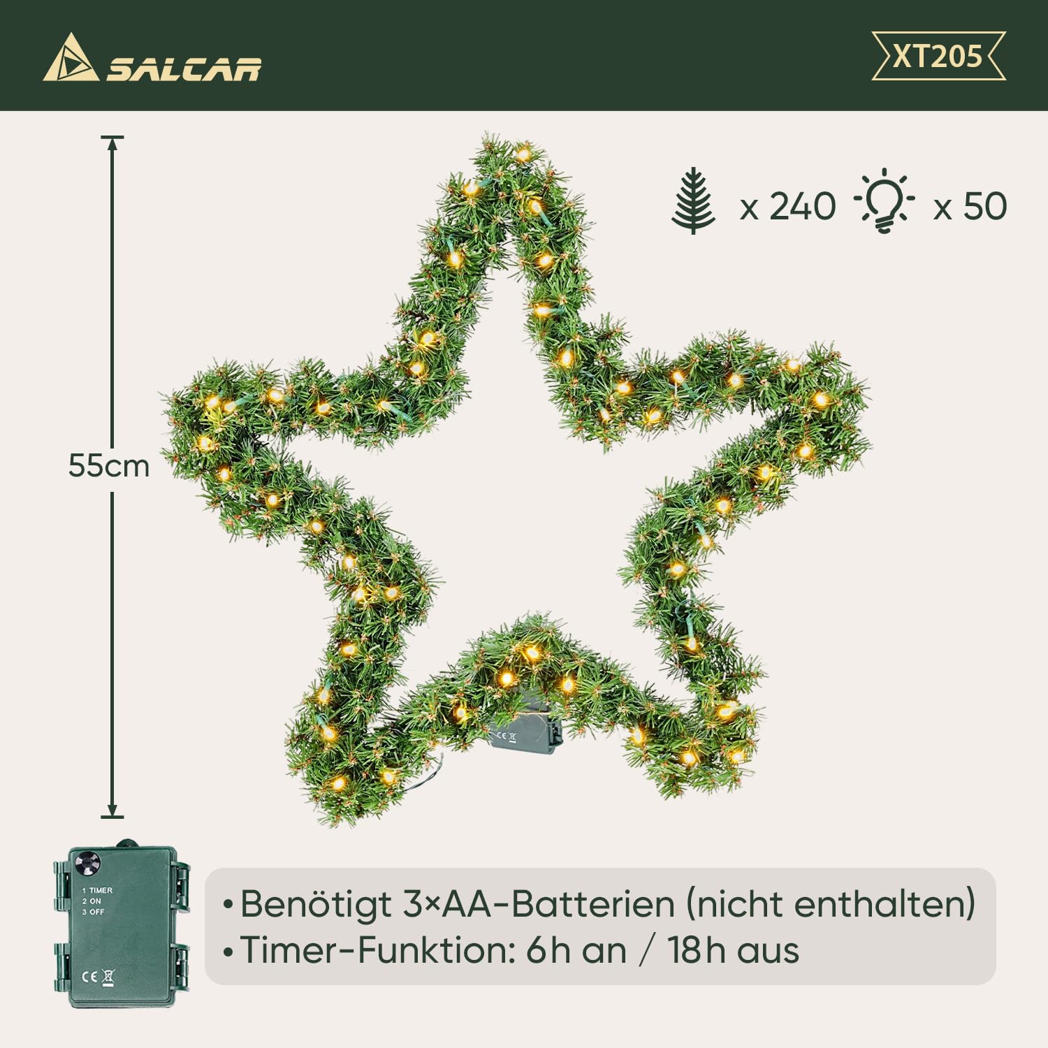 SALCAR Premium Weihnachtsstern 55 cm aus PVC mit 240 Zweigen & warmweißem LED Lichterkette – Festliche Weihnachtsdeko für Tür, Kamin, Balkon oder Garten, batteriebetrieben