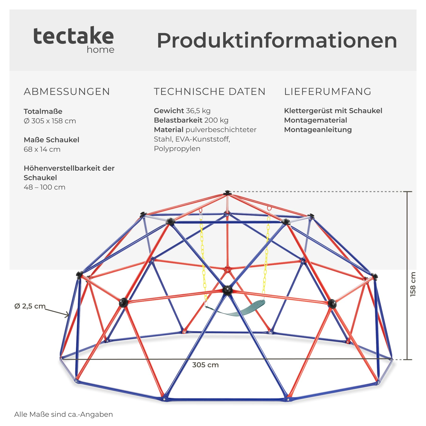 tectake® Klettergerüst mit Schaukel, Ø 305 cm, wetterfest, ab 3 Jahren, bis 200 kg belastbare Kinderspielgeräte, Spielplatz Kletteranlage, Gartenspielturm, Kinderspielplatz Geräte, bunt - mit Schaukel