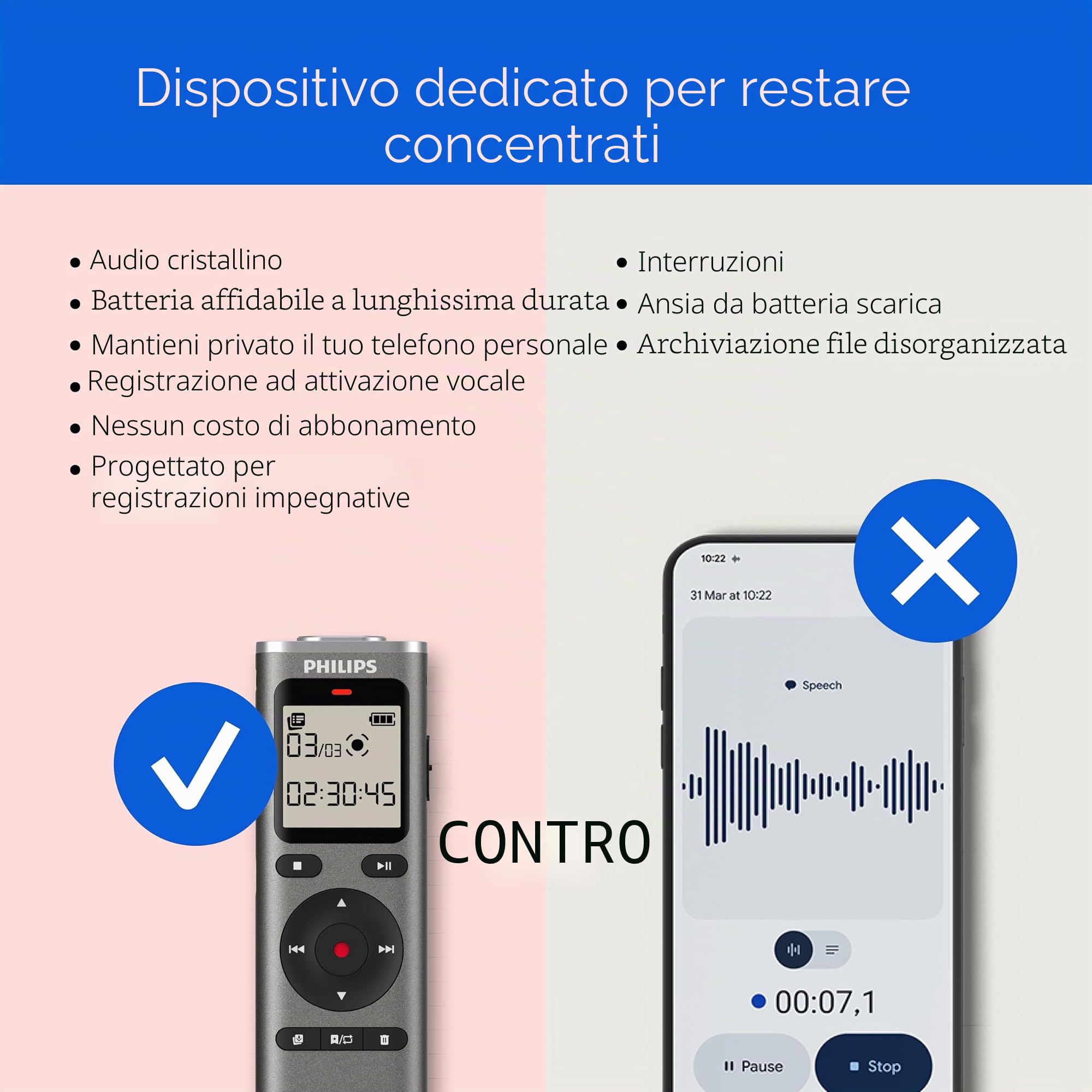 Philips DVT1170 VoiceTracer, Registratore audio, 8GB, slot per scheda micro SD