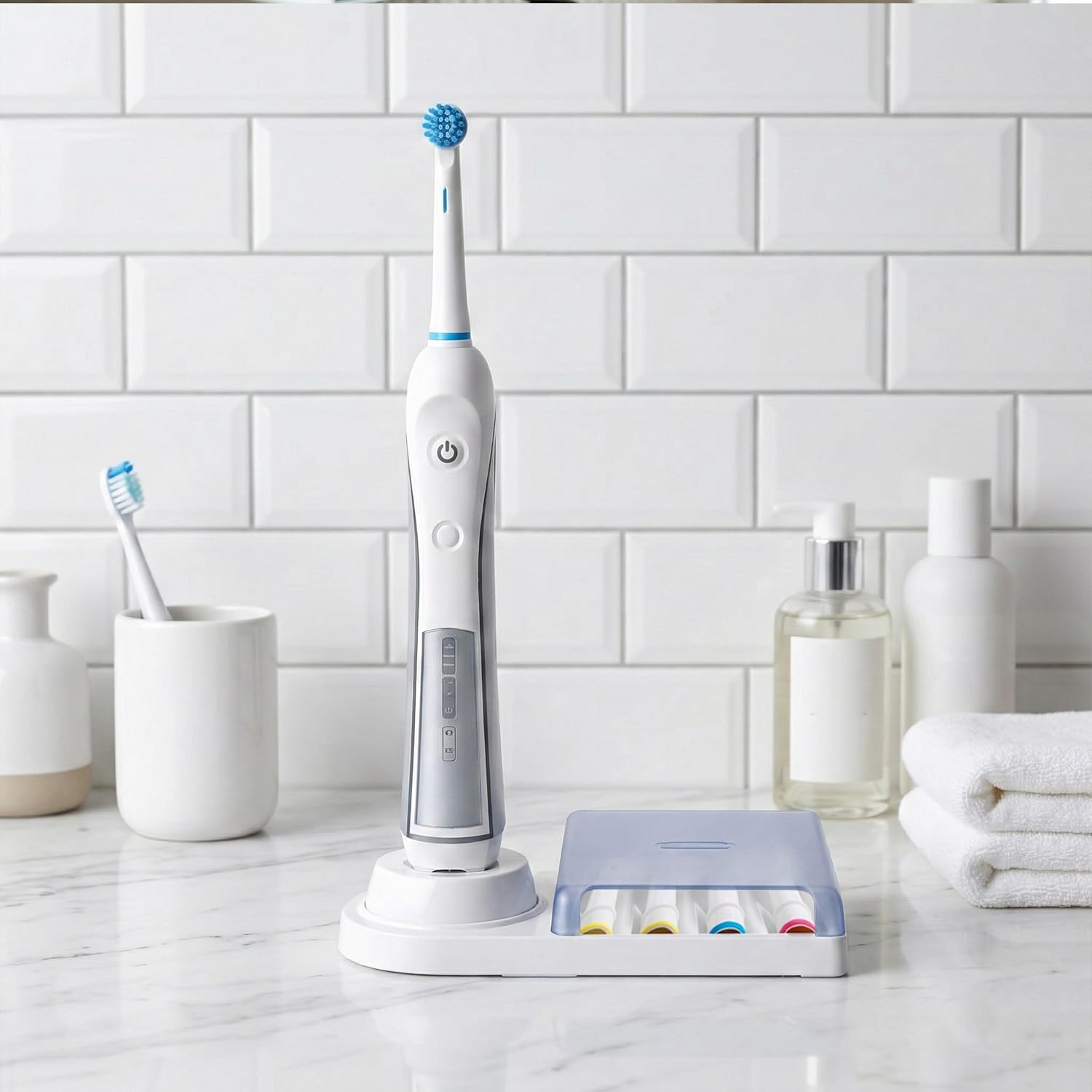 Brush Head Holder Compatible with Braun Oral B, Electric Toothbrush Head Holder Stand, Unique Blue Bracket Base, 4-Slot Display Rack, Portable Countertop Bathroom Organizer with Brush Storage Cover