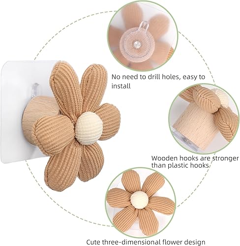 Miniatura 3 de Paquete de 2 ganchos adhesivos de pared con flores para colgar toallas, abrigos, ganchos adhesivos para baño, ducha, cocina (caqui)
