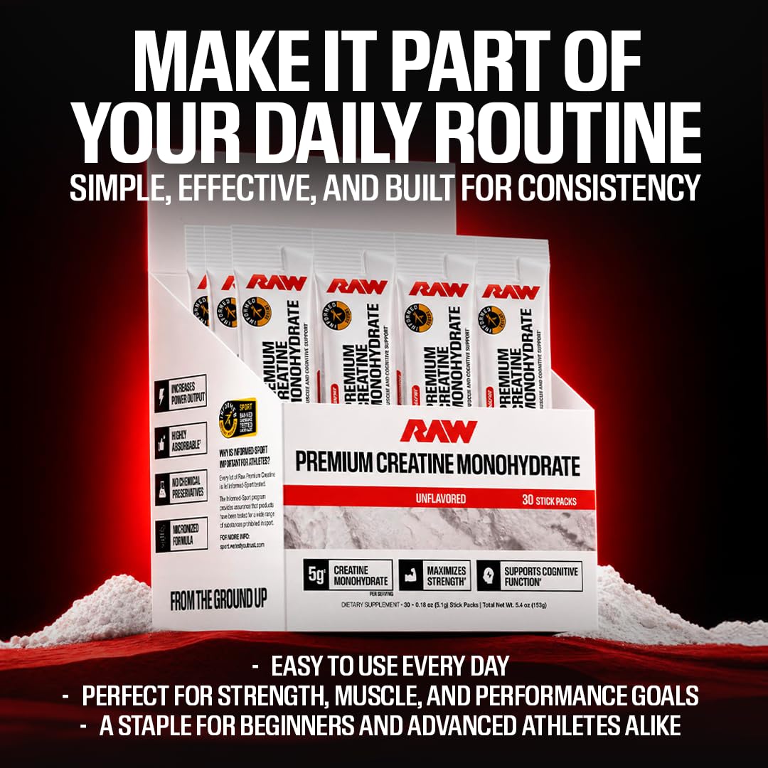 RAW Nutrition Creatine Monohydrate Powder, Unflavored, 30 Sticks — Amazon image 8