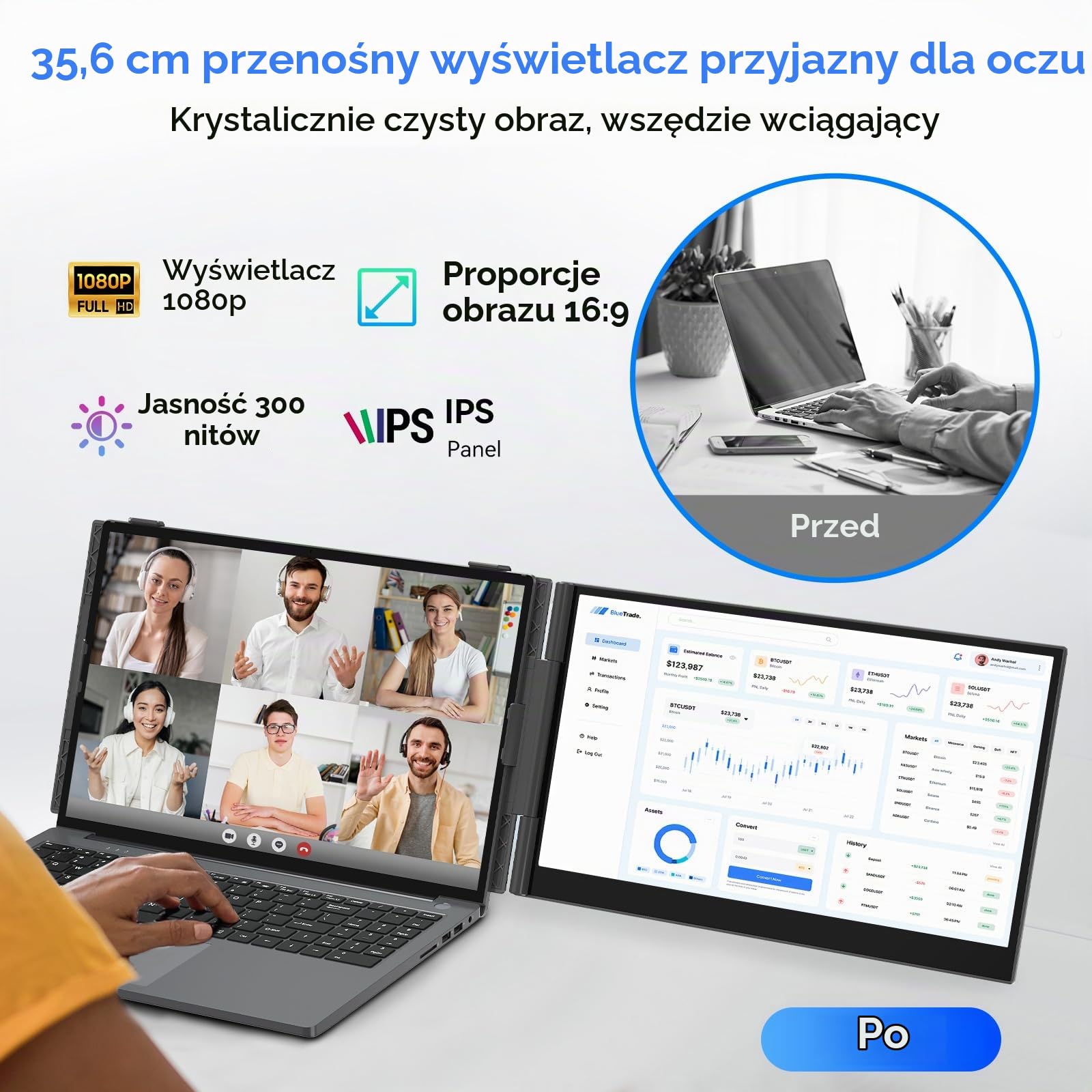 Blackview Podwójny ultracienki przenośny ekran PC z certyfikatem TÜV SüD, 14" IPS FHD 1080P, monitor do laptopa, bez sterownika Plug & Play, ekran laptopa, idealny do pracy w podróży