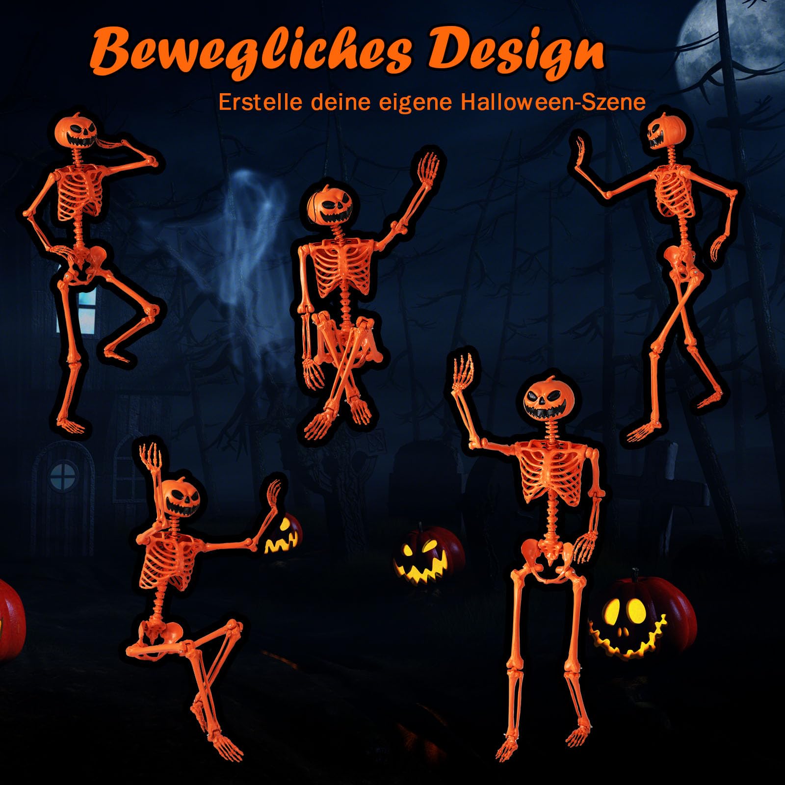 COSTWAY Halloween Deko Skelett, 158 cm, Skelette Kürbis mit beweglichen Gelenken & Seil, Lebensgroße Halloween Dekoration, Plastik, für drinnen, draußen, Friedhofspartys und Spukhaus-Partys, Orange