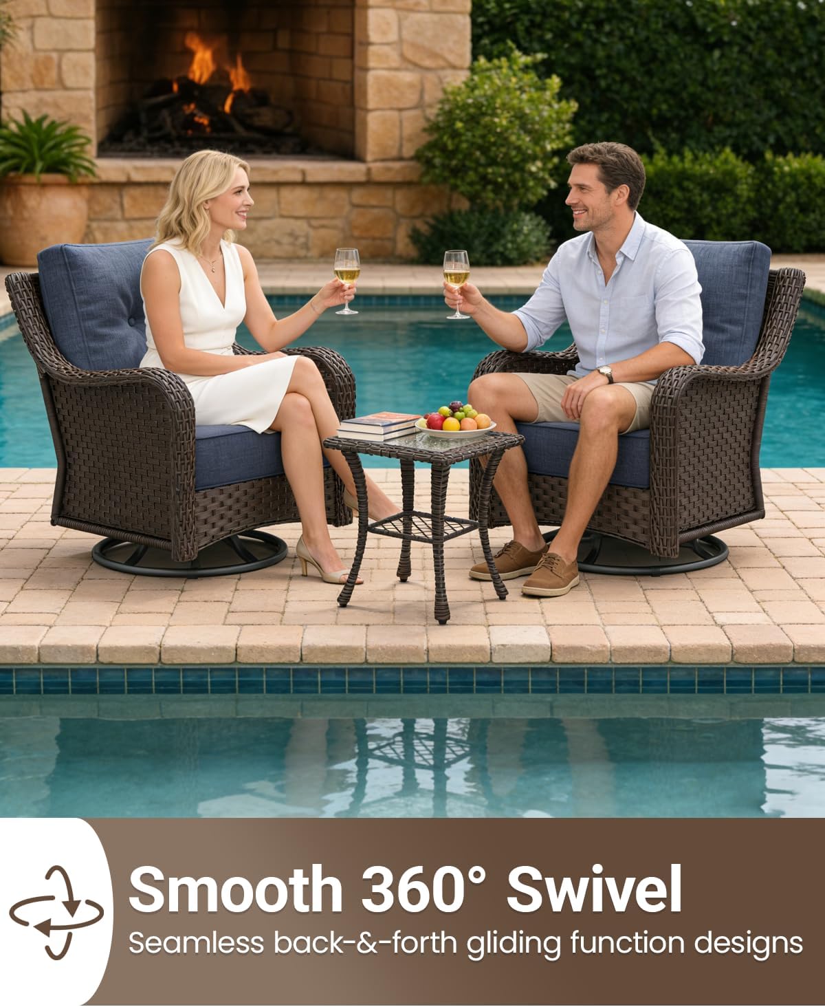 6 Pieces Outdoor Furniture Set with 6-inch Cushions, High Back Wicker Swivel Rocker Chairs with Coffee Table, Luxury Conversation Set for Deck Patio and Poolside