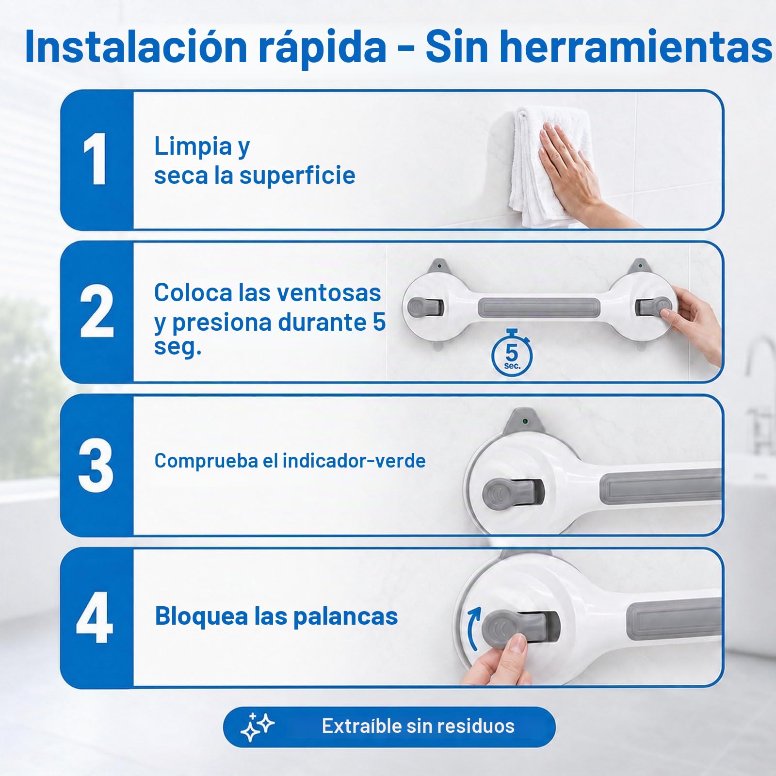 Fanwer 2 x Asidero para ducha sin taladrar 42 cm, mango de ducha con ventosa, 2025 un nuevo diseño
