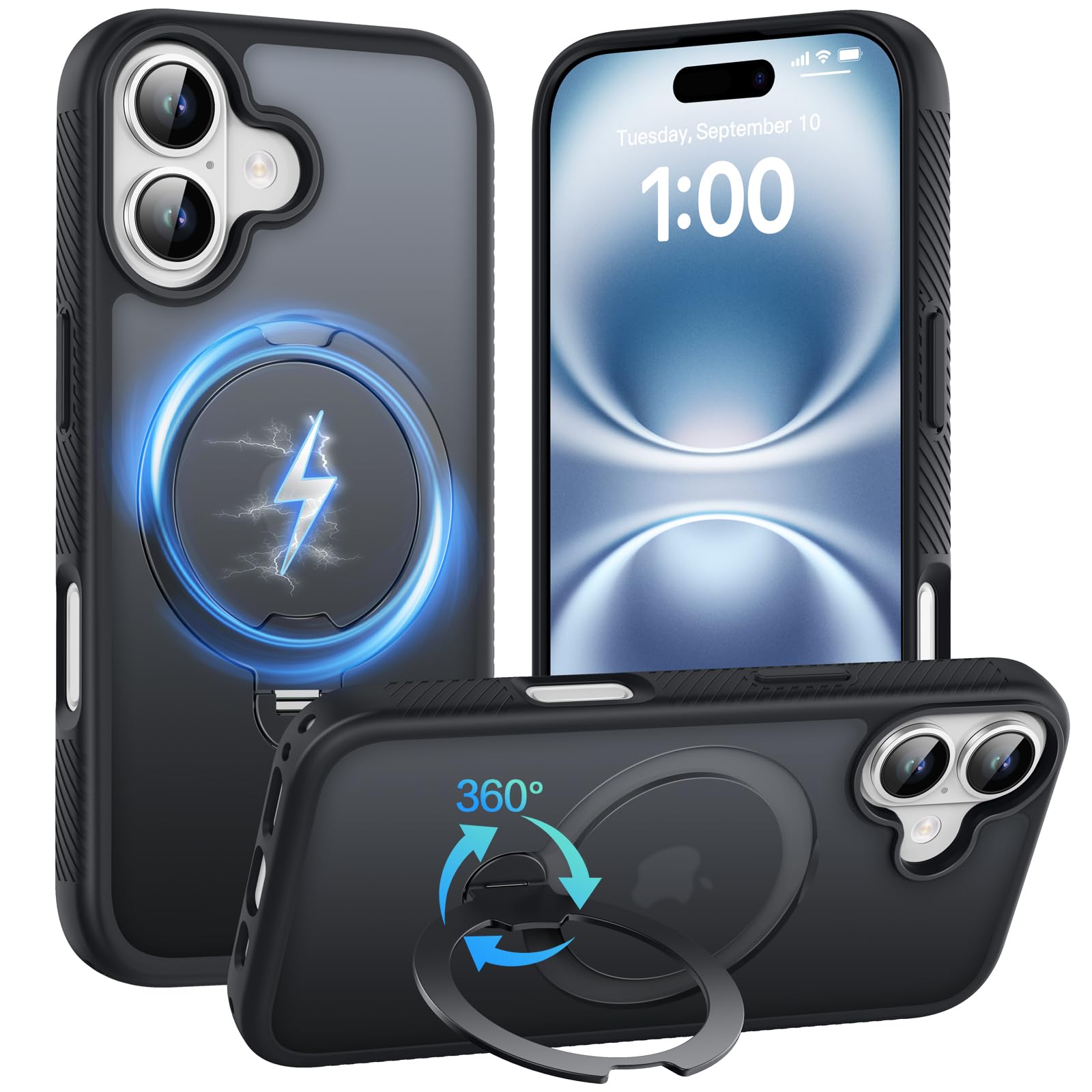 AurySharled Magnetische Ständer Hülle Für iPhone 16, Schwarz | 360°Ständer, Militärischer Fallschutz Rutschfeste Handyhülle, Für Outdoor-Aktivitäten Videoanruf Büroarbeit