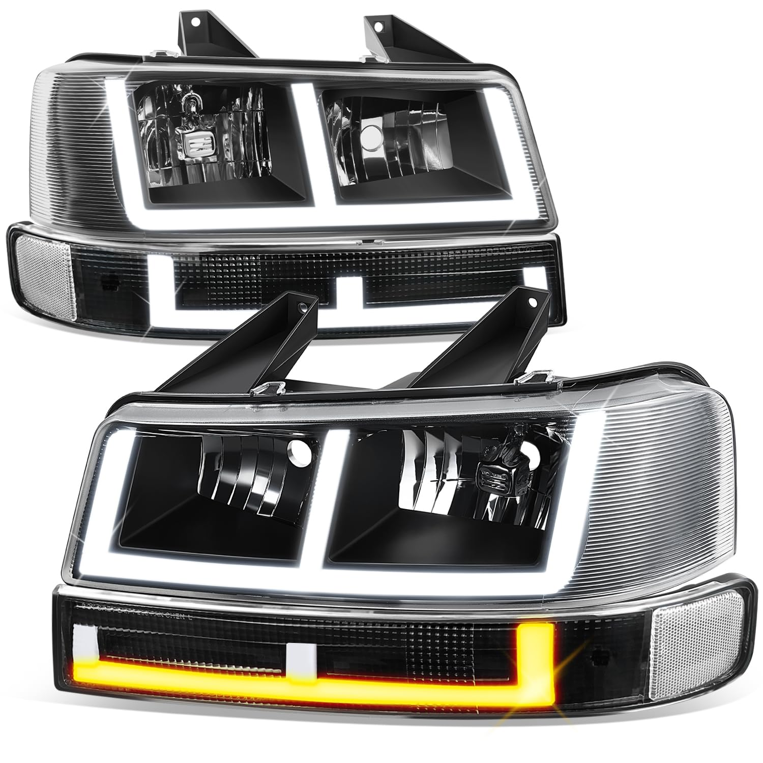 Auto Dynasty4PCS Switchback E-LED DRL Composite Headlights Assembly and Bumper Lamps Compatible with Chevy Express GMC Savana 1500-4500 2003-2024, Driver & Passenger Side, Black Housing Clear Corner