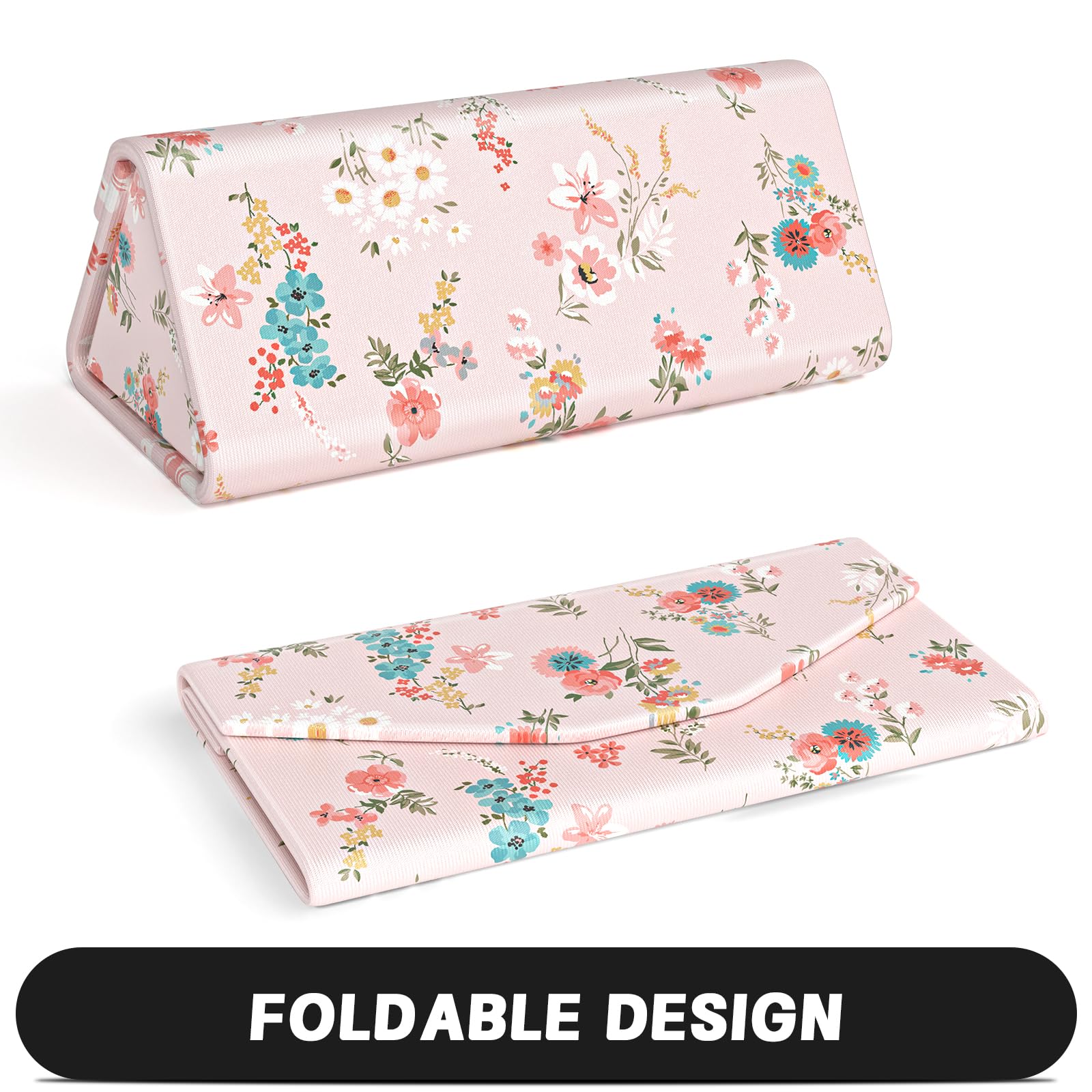 Custodia per occhiali da sole, custodia pieghevole per occhiali, custodia magnetica in pelle sintetica rigida, pieghevole, unisex, Fiore rosa, One Size