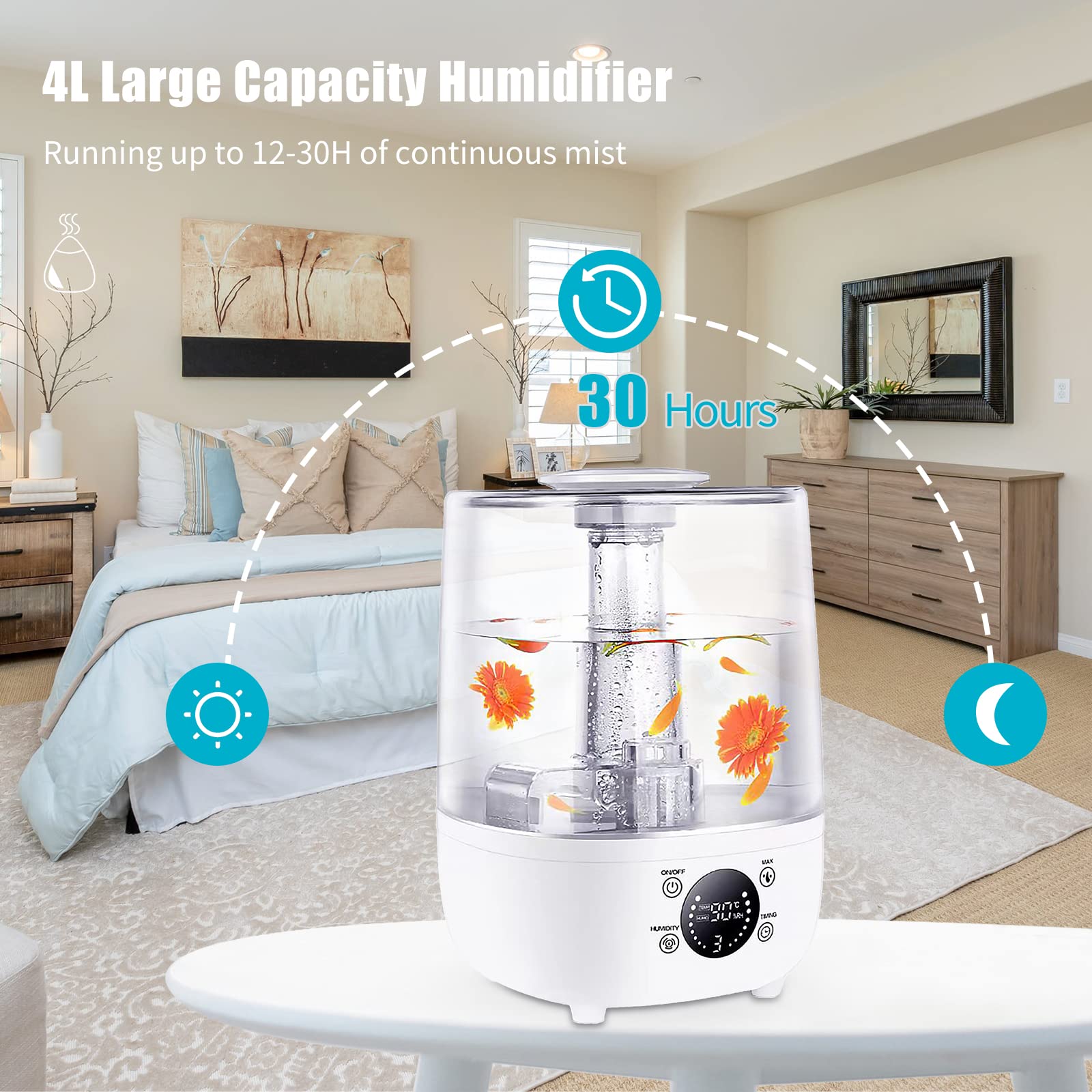 Umidificatori d'aria 4L per camera da letto Umidificatori d'aria ad ultrasuoni Diffusore di aromi Pulsanti di controllo touch con display LCD Telecomando Ugello tubo extra lungo Minuteri