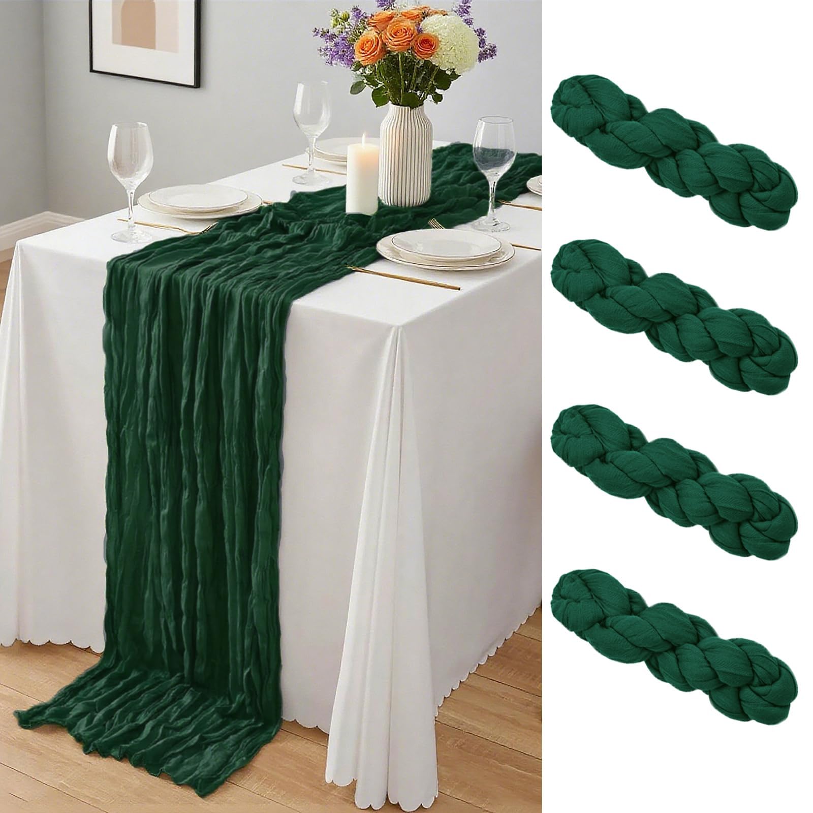 4 Pack Dark Green Cheesecloth Table Runner – Semi Sheer Gauze Table Runners 21.5 x 120 Inch,10Ft Bulk Cheese Cloth Fabric Runner for Wedding, Party, Baby Shower, Bridal Shower
