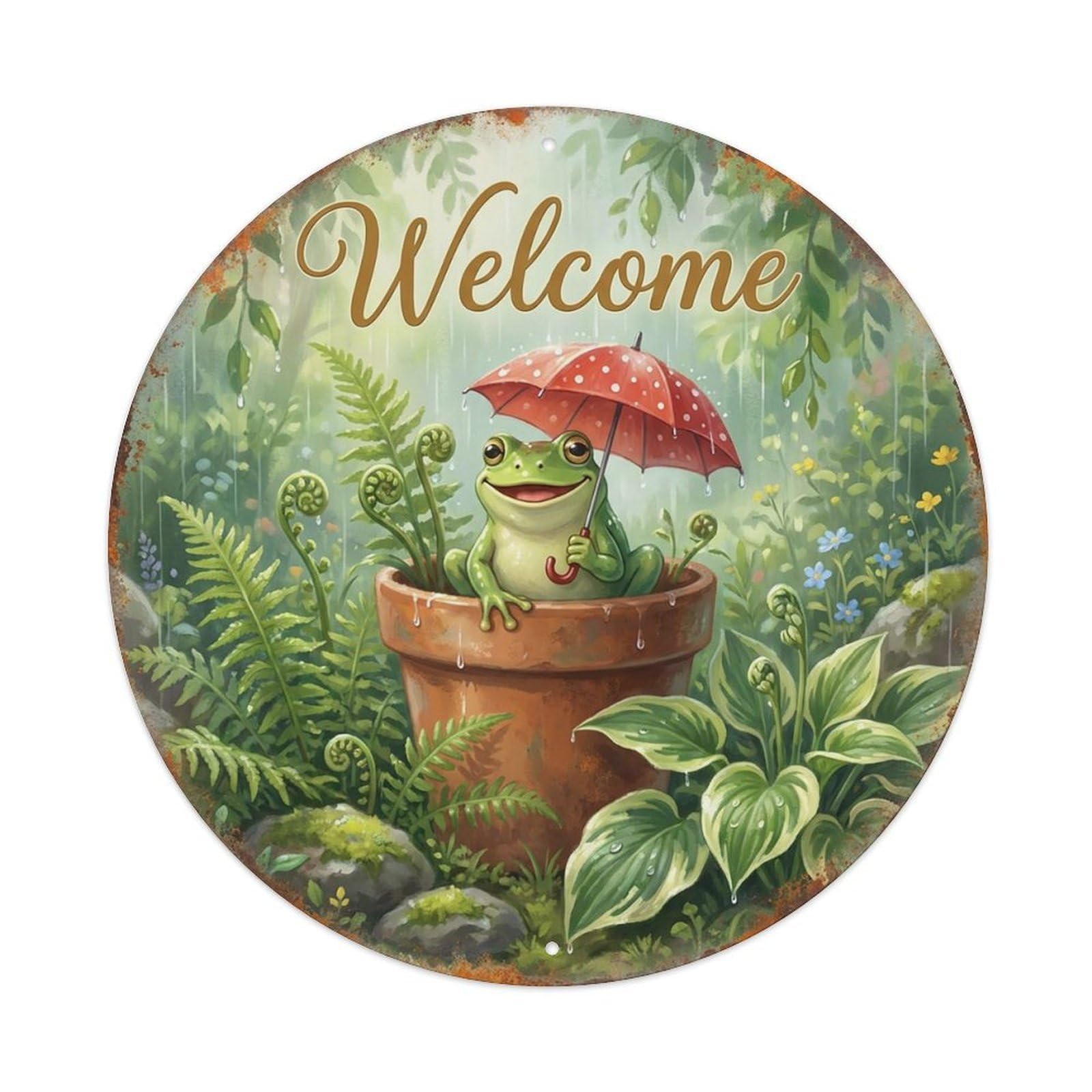 Welcome Frog Rainy Garden Vintage Metal Tin Sign Plaque Wall Decor for Cafe, Club Bar, Office, Garden Metal Poster 8x8Inch