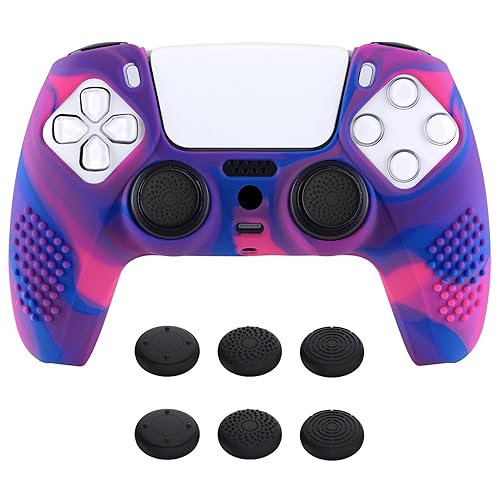 Miniatura 33 de eXtremeRate PlayVital - Funda de silicona antideslizante para controlador PS5, color morado malva 3D, con 6 tapas blancas de agarre para el pulgar