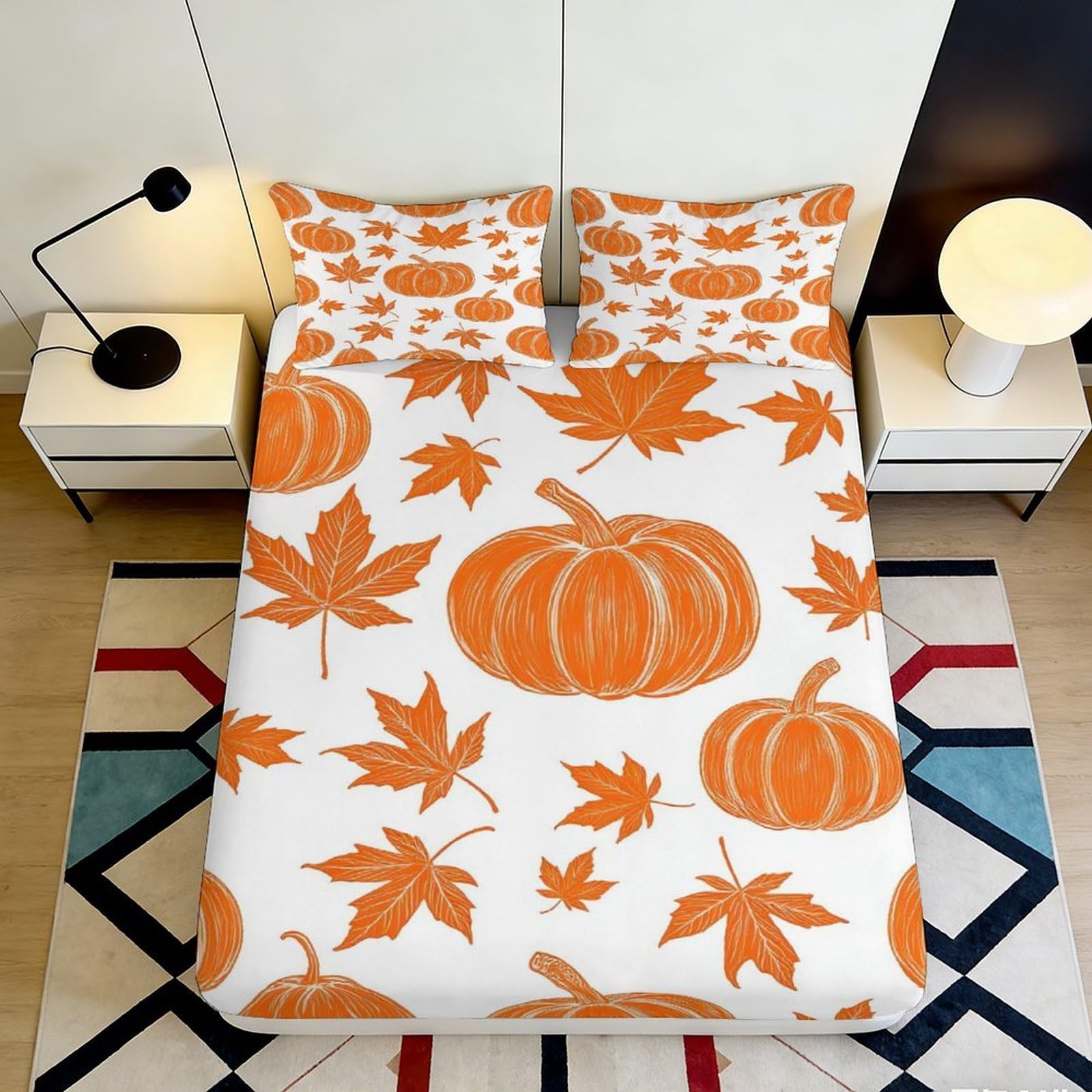 3D Printed Pumpkin Leaf Fitted Sheet Microfiber Soft Orange Autumn Maple Bed Cover for Bedroom Guest Room Decor 90x200x25cm