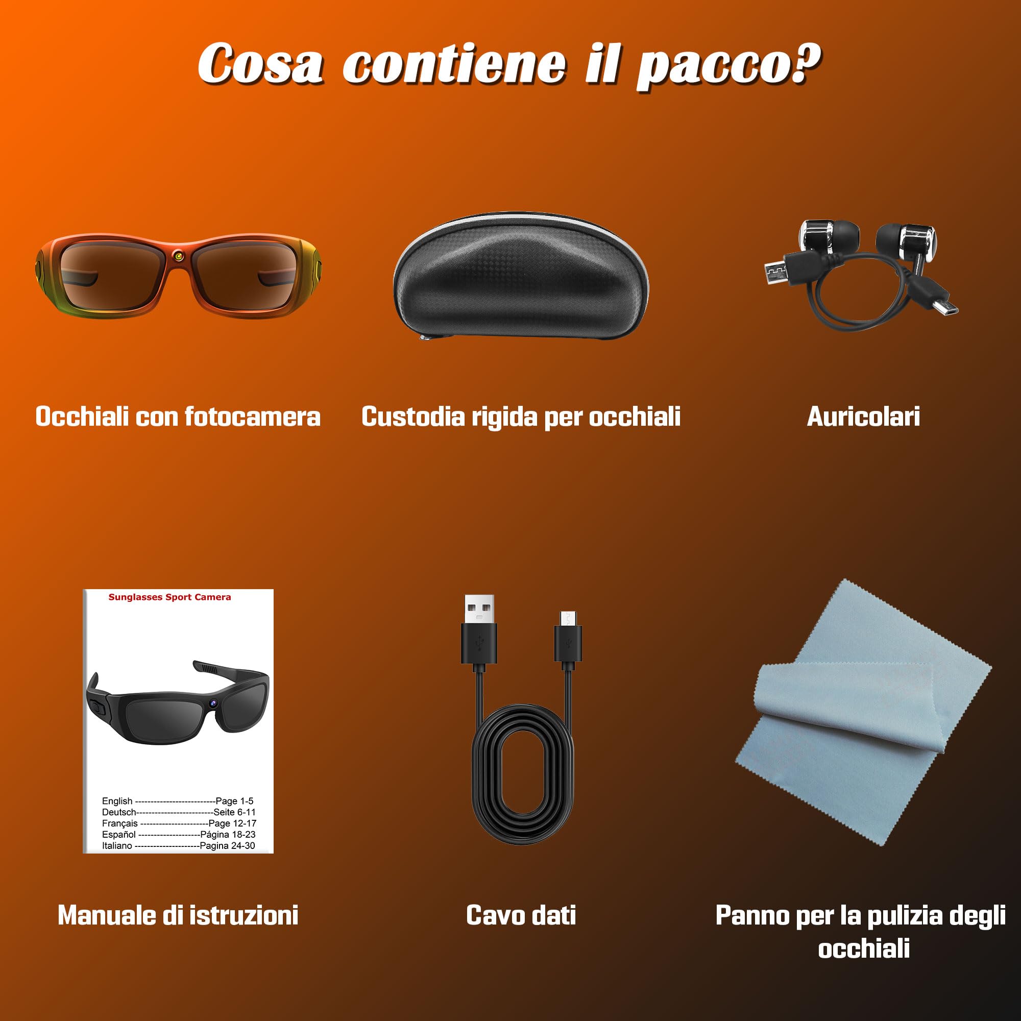 Occhiali con Telecamera con Bluetooth, Intelligenti Occhiali Smart HD 1080P | Portatile Occhiali da Sole Sport Telecamera Nascosta, Mini Videocamera per Riprodurre Musica, Scattare Foto e Video