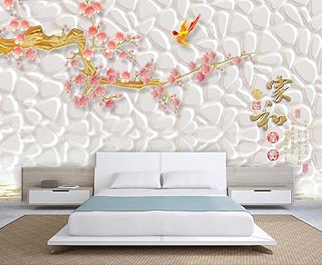 999STORE 3D Pink Flowers Branch and White Texture Wall Papers for Home (Non-Wooven_9X7 Feet_Multi)