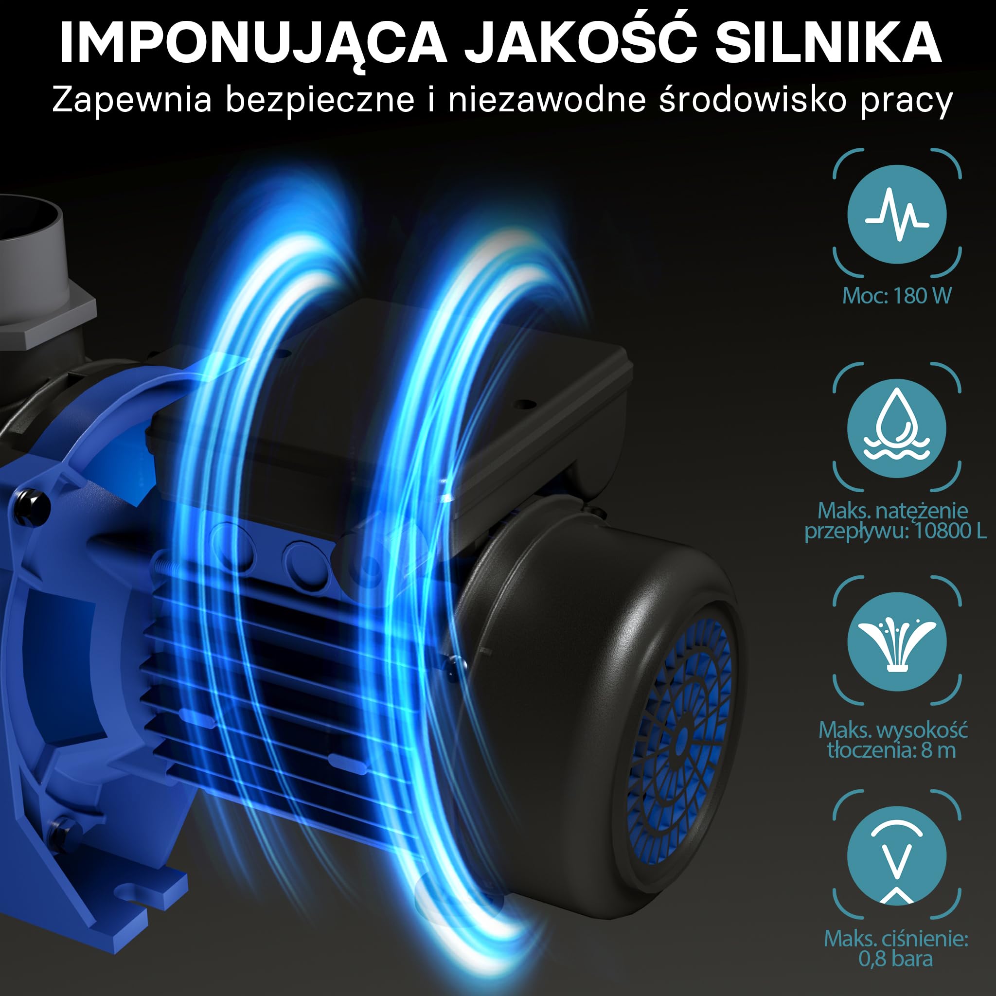 WilTec Pompa basenowa 10800 l/h, 180 W cicha pompa filtrująca i cyrkulacyjna, skuteczna pompa wodna do basenu, trwała i antykorozyjna konstrukcja