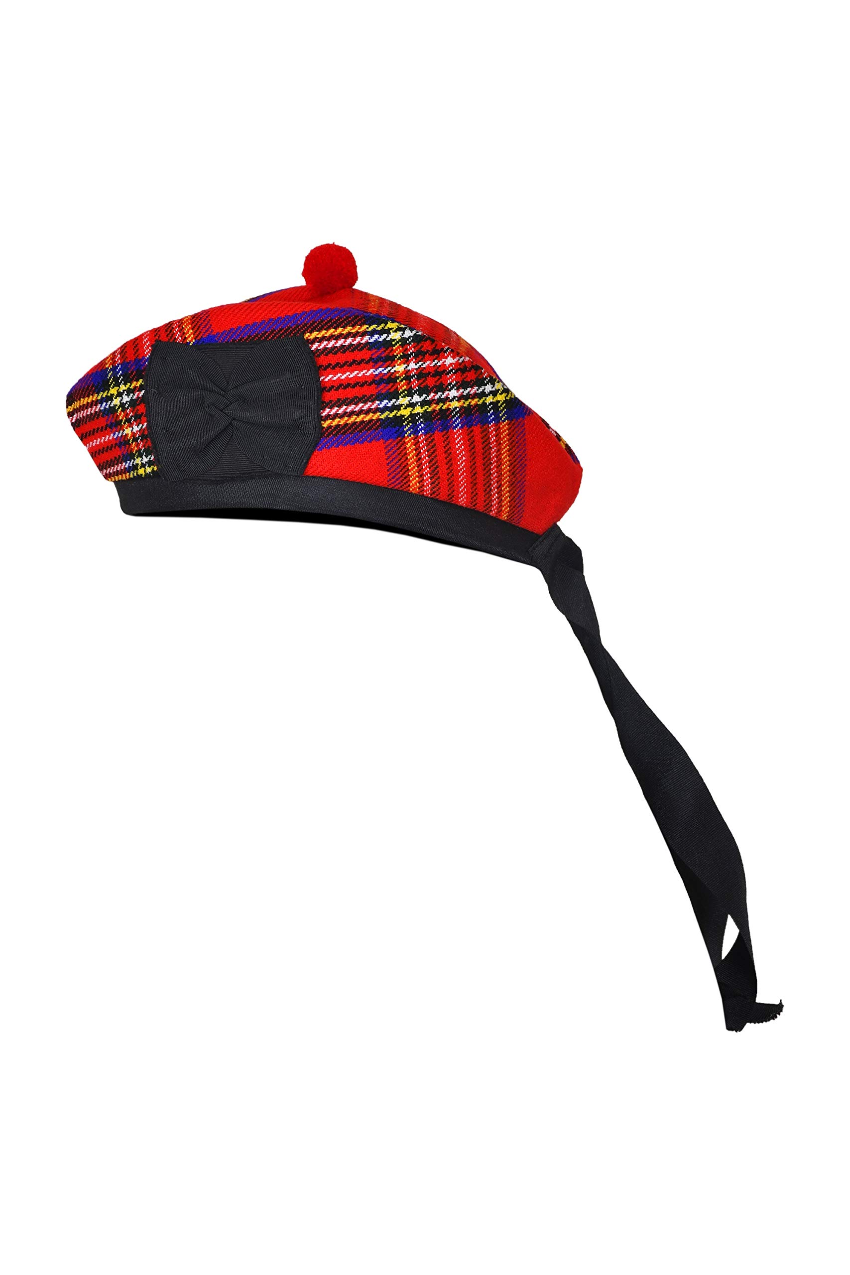 Allsafe Traders Scottish Hat – Traditional Wool Blend Glengarry Hat with Red Pompom & Side Bow (56 cm, Royal Stewart)