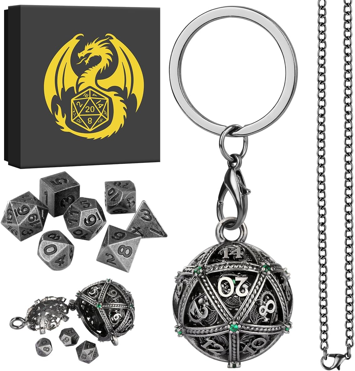 Mini DND Dice Set with Spherical Hollow D20 Metal Case Portable Keychain Necklace, Tiny 7pcs Polyhedral D&D Dice Set, DND Gifts with Gift Box, D&D Accessories for RPG（Green Diamond, Silver）